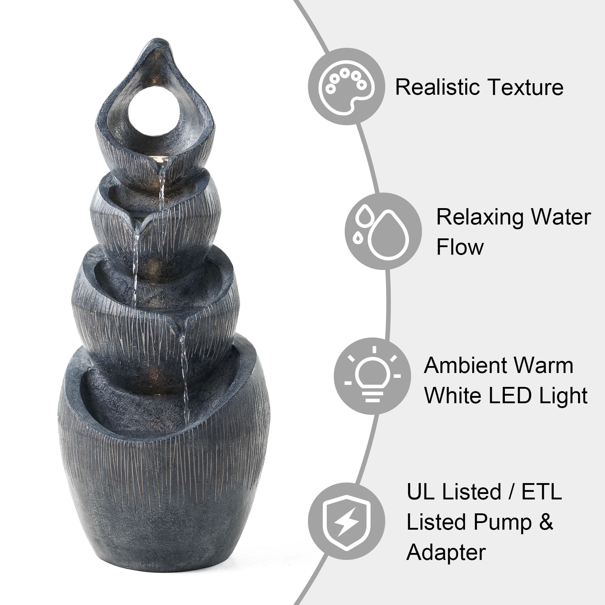 Glitzhome® 34" Zen-Style LED 4-Tier Alms Bowl Outdoor Fountain