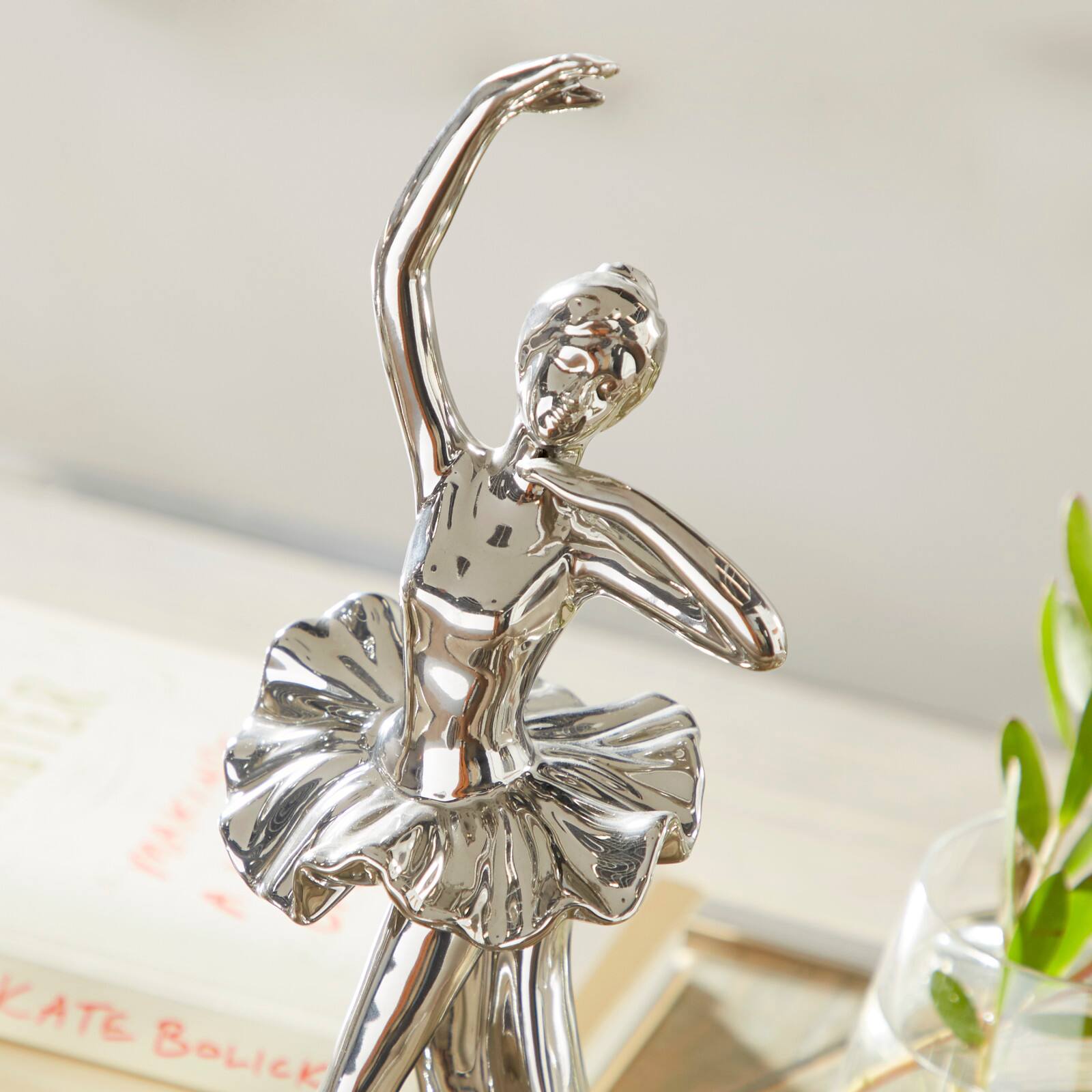 Set of 2 Silver Porcelain Glam Dancer Sculpture, 4" x 11"