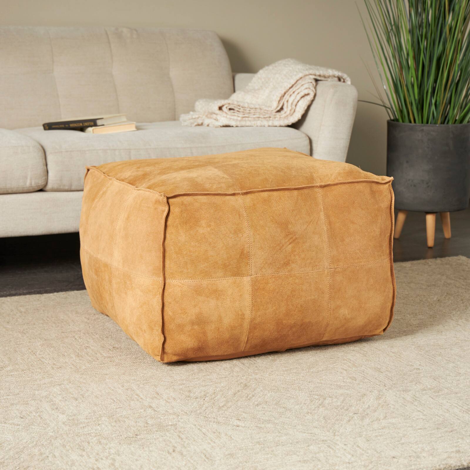 28" Leather Low Profile Square Pouf with Patchwork Design