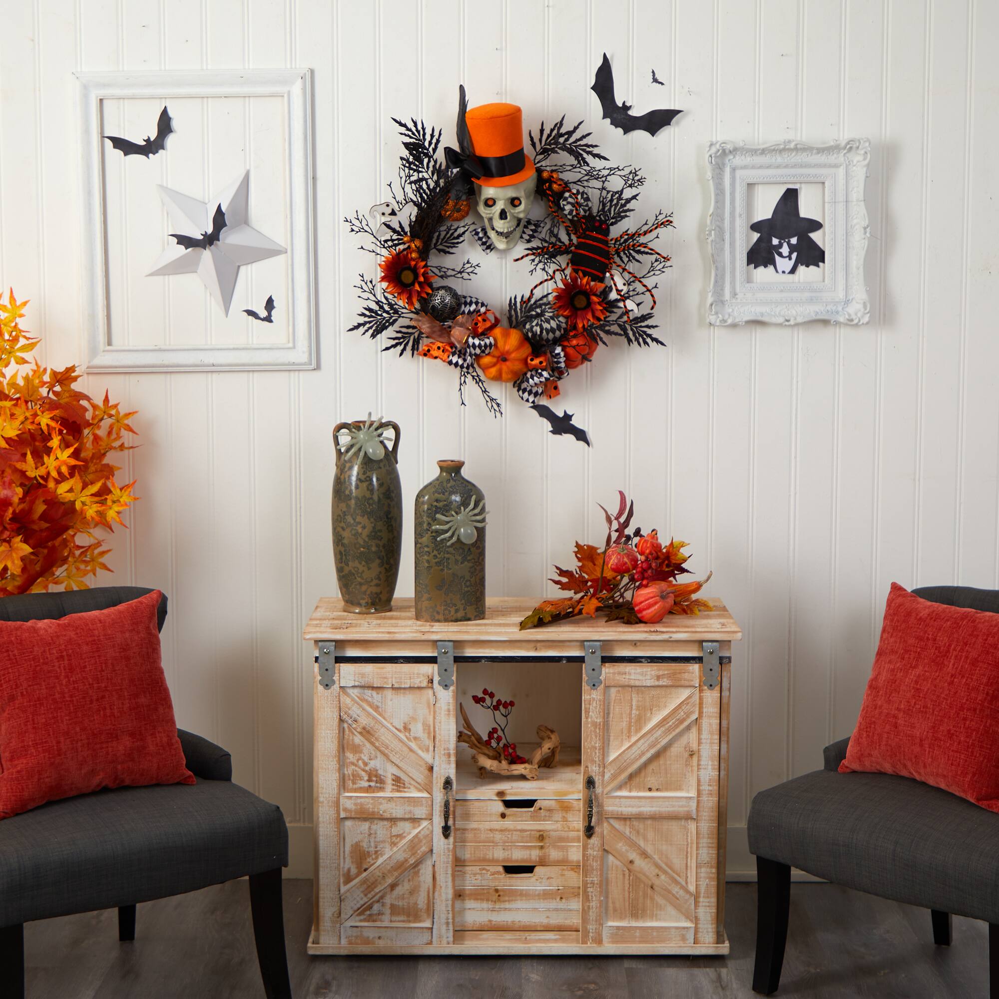 30" Spider & Skull with Top Hat Halloween Wreath