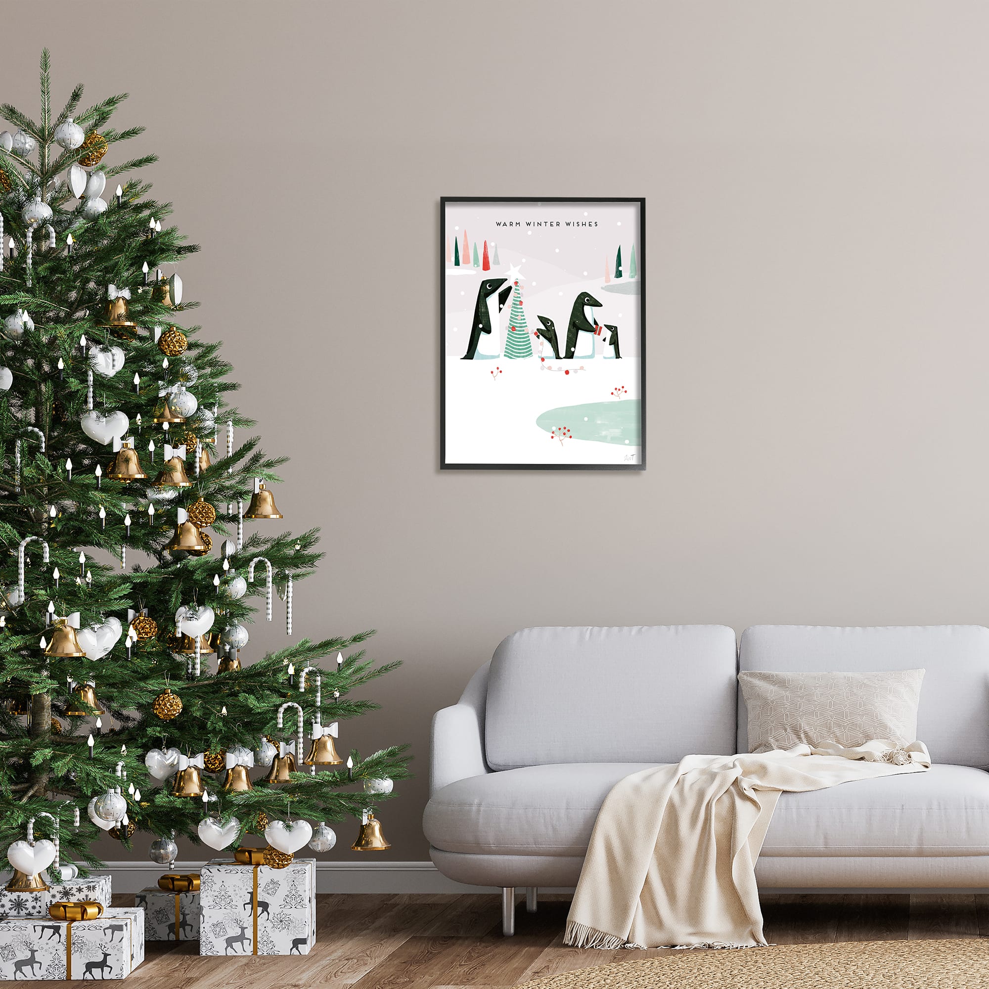 Stupell Industries Warm Winter Wishes Snowy Penguins Framed Giclee Art