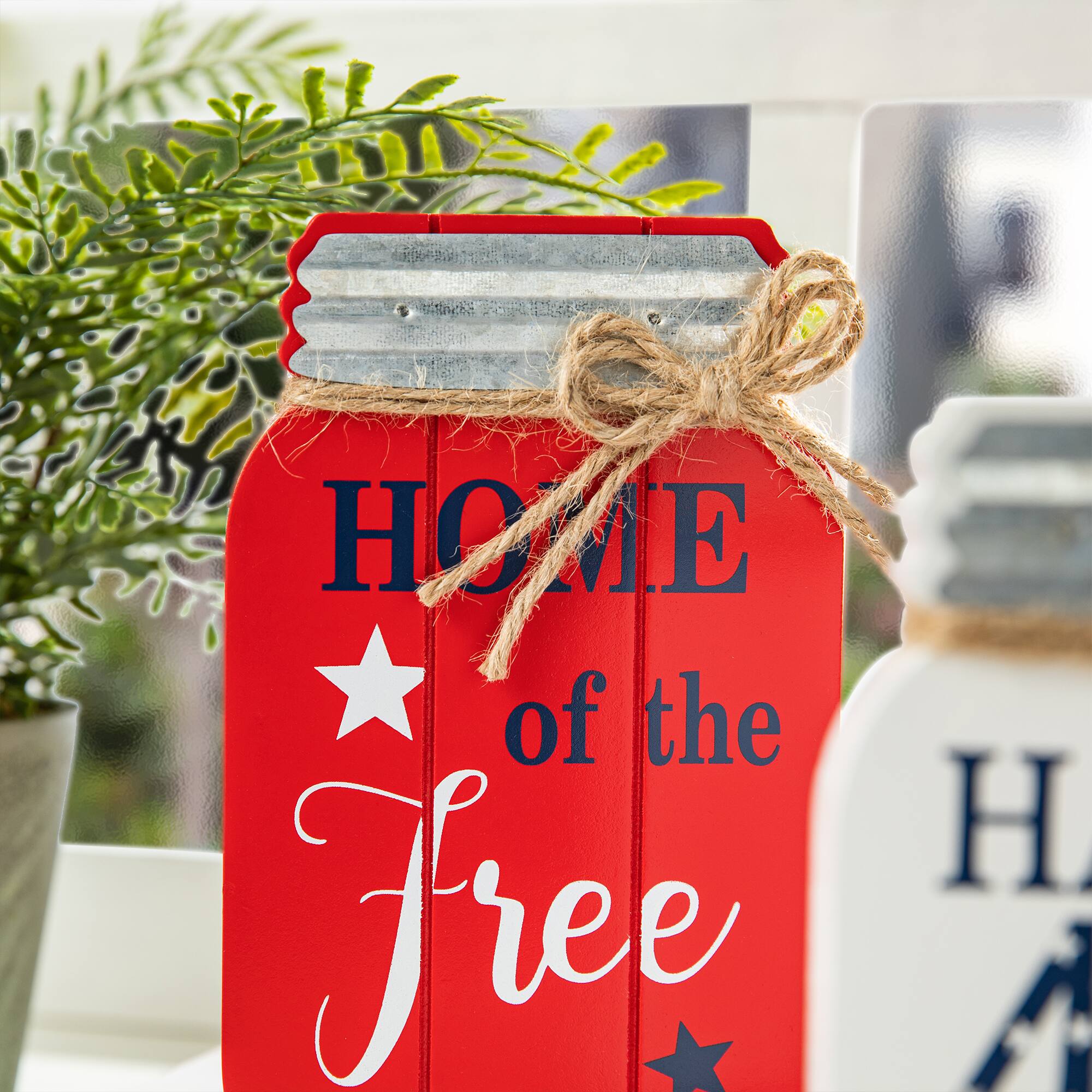 Glitzhome® 7" Patriotic Americana Mason Jar Tabletop Jar Décor Set