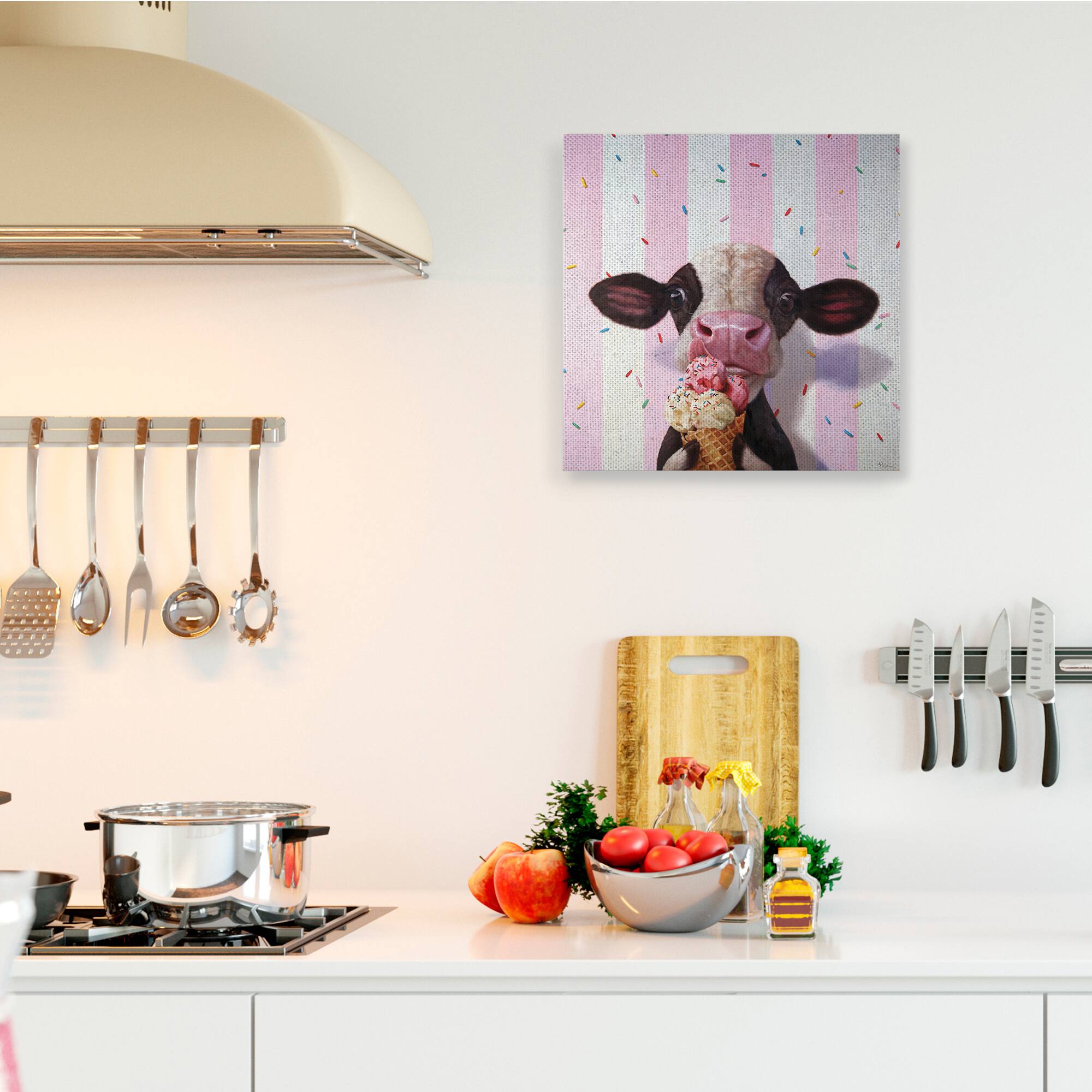 Stupell Industries Cute Baby Cow with Ice Cream Cone Pink Stripes Canvas Wall Art