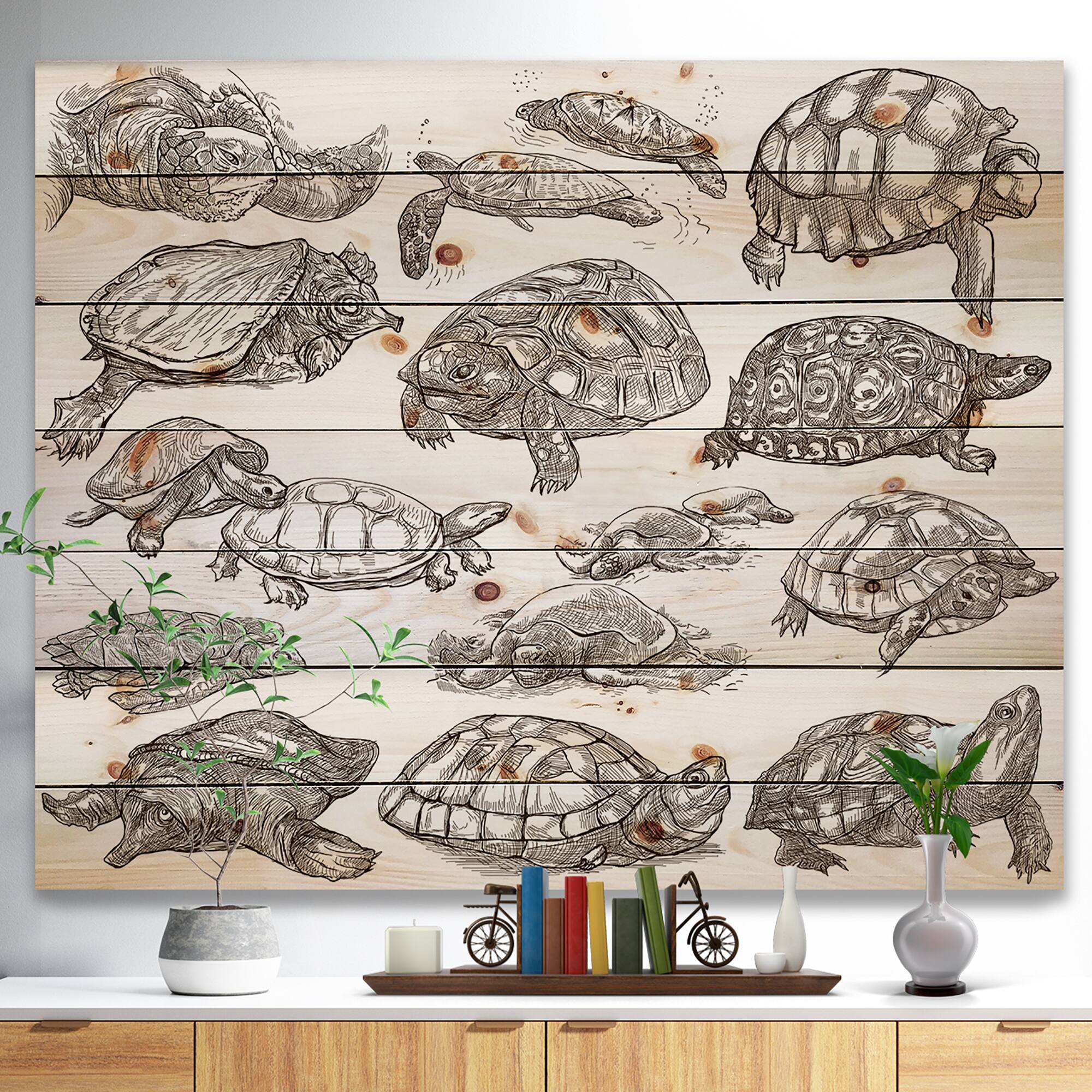 Designart - Turtles in Freehand sketching - Sketch of Nautical Animals of Painting Print on Natural Pine Wood
