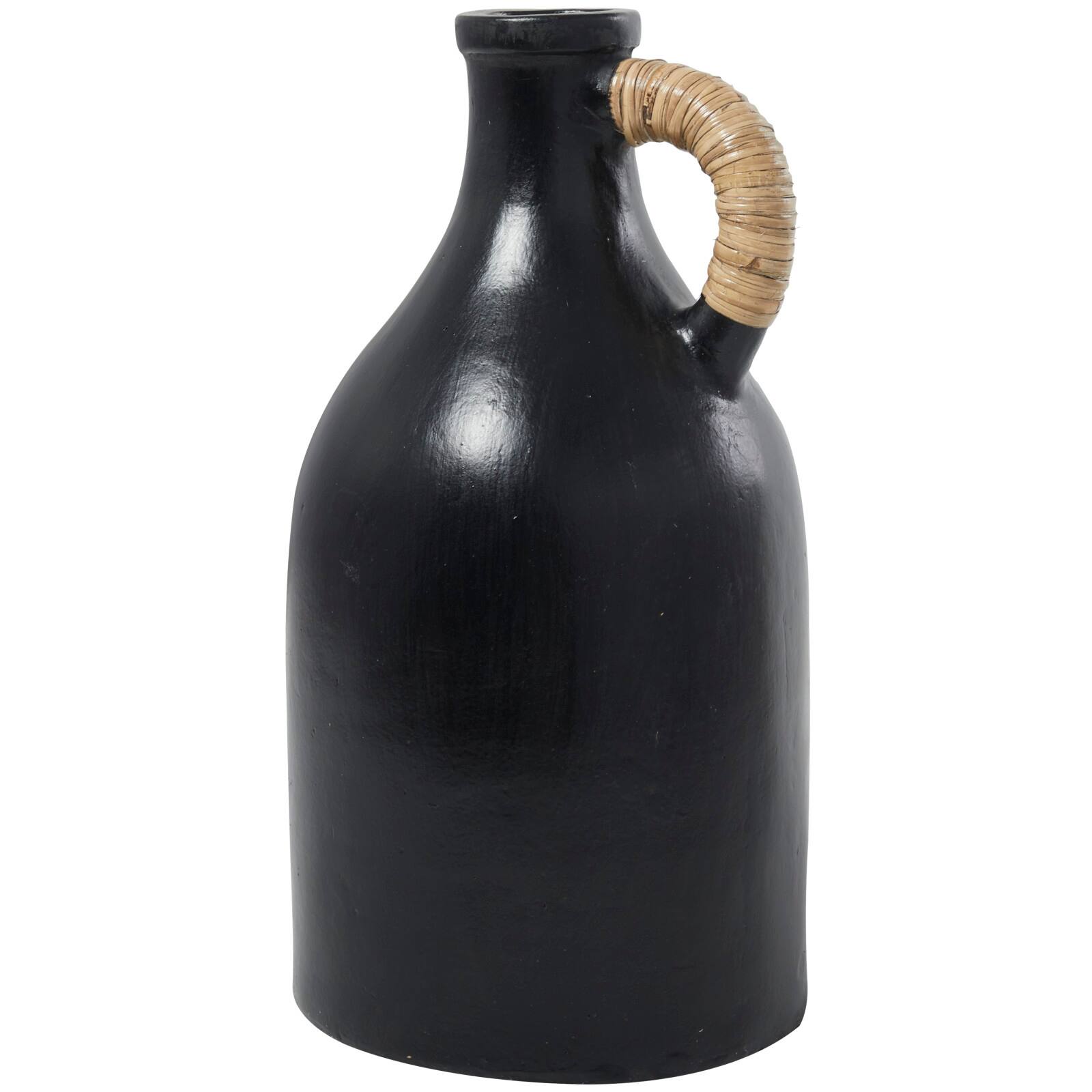 18" Black Ceramic Jug Inspired Vase with Rattan Wrapped Handle