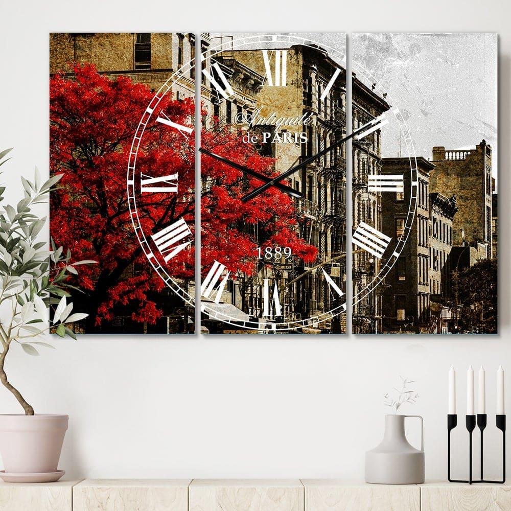 Designart Red Tree on Black & White New York City Street Industrial Multipanel Wall Clock