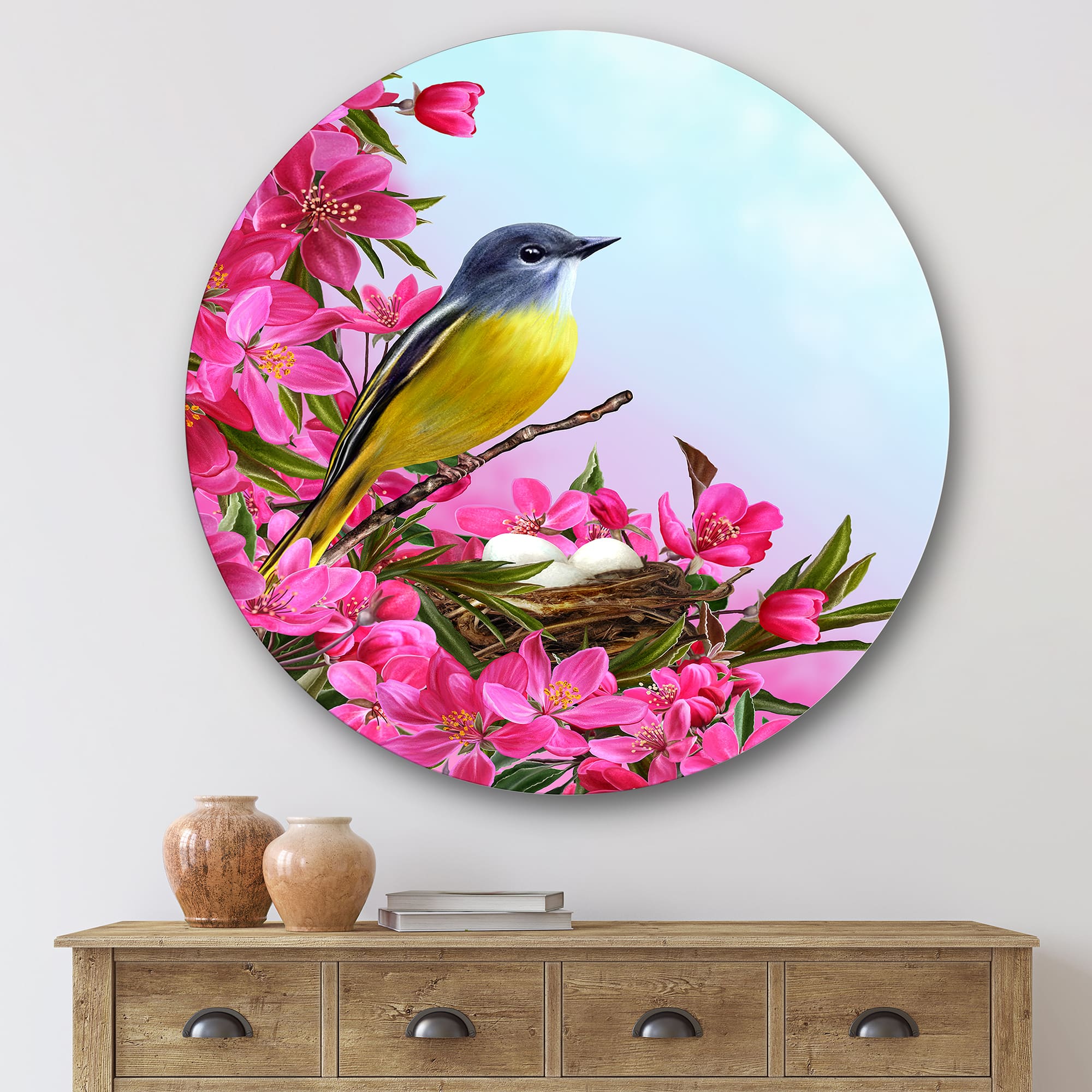 Designart - Little Yellow Bird Near The Nest with Flowers