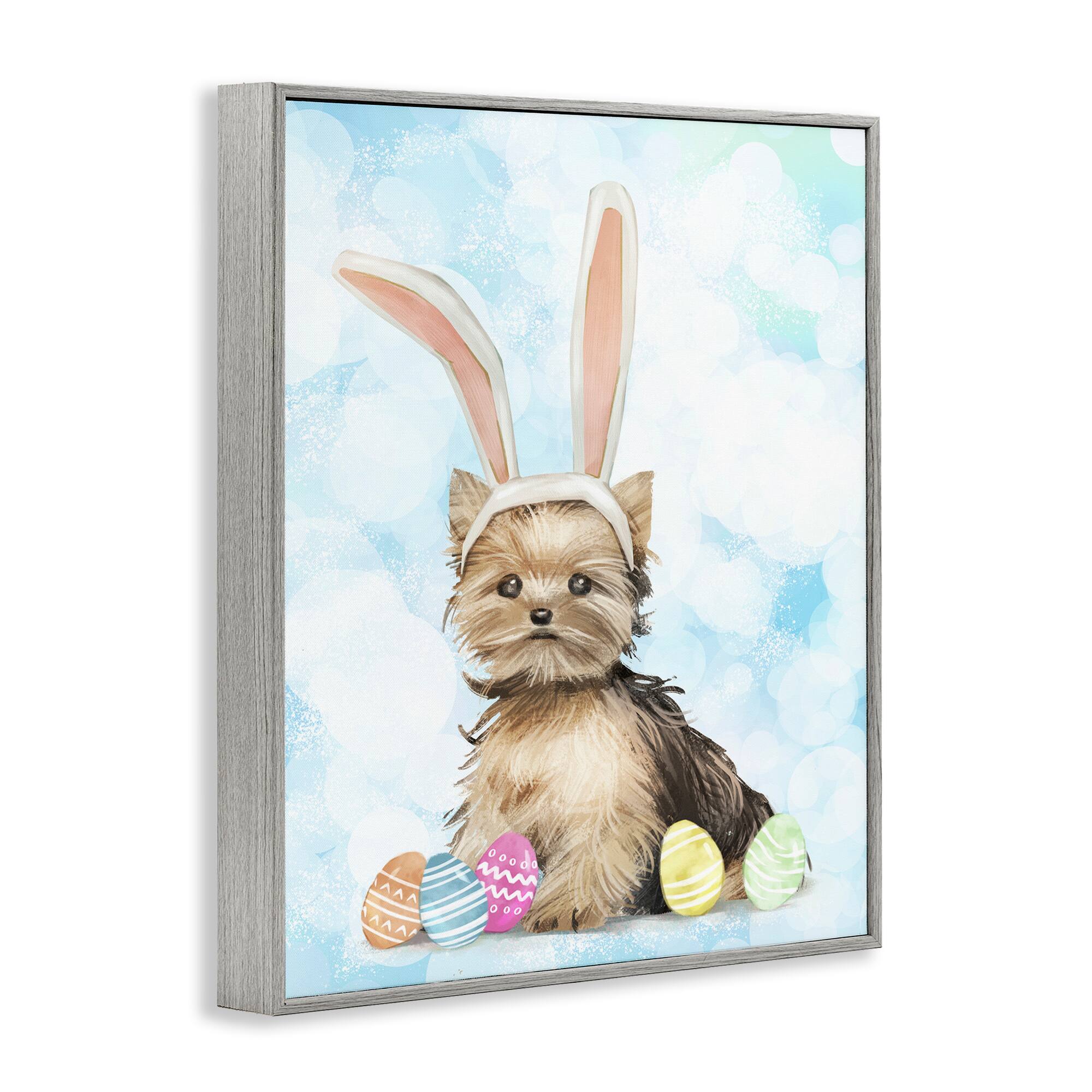 Stupell Industries Easter Yorkie Puppy Bunny Ears Patterned Eggs Framed Giclee Art