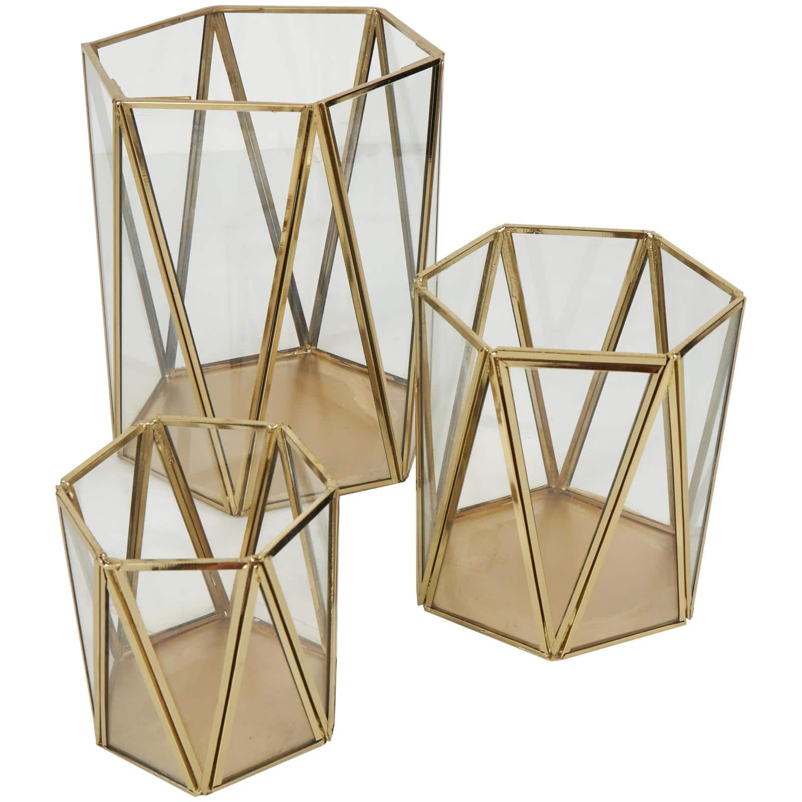 CosmoLiving by Cosmopolitan Gold Geometric Hexagon Candle Lantern Set