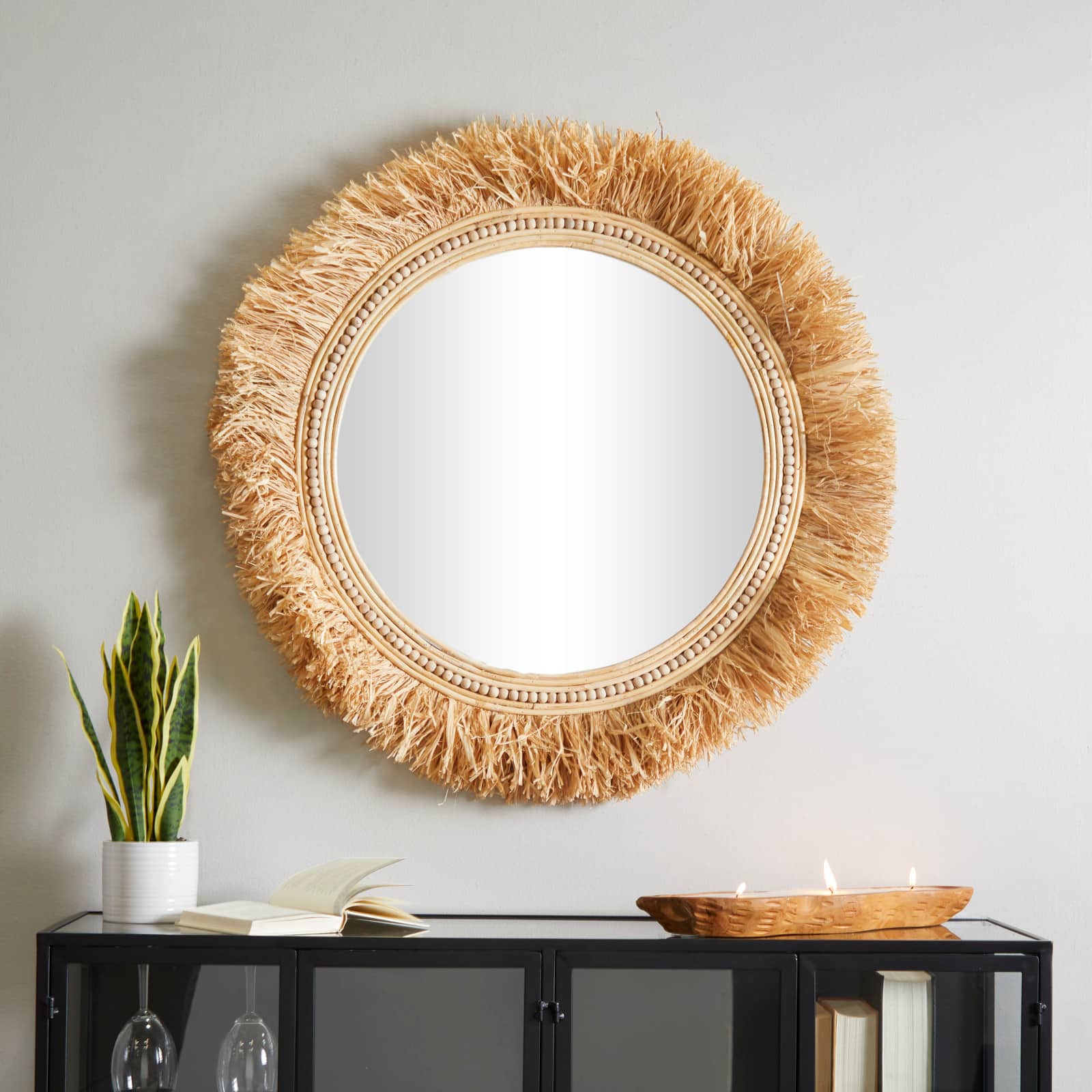 Light Brown Seagrass Wall Mirror with Fringe Detailing 35" x 1" x 35"
