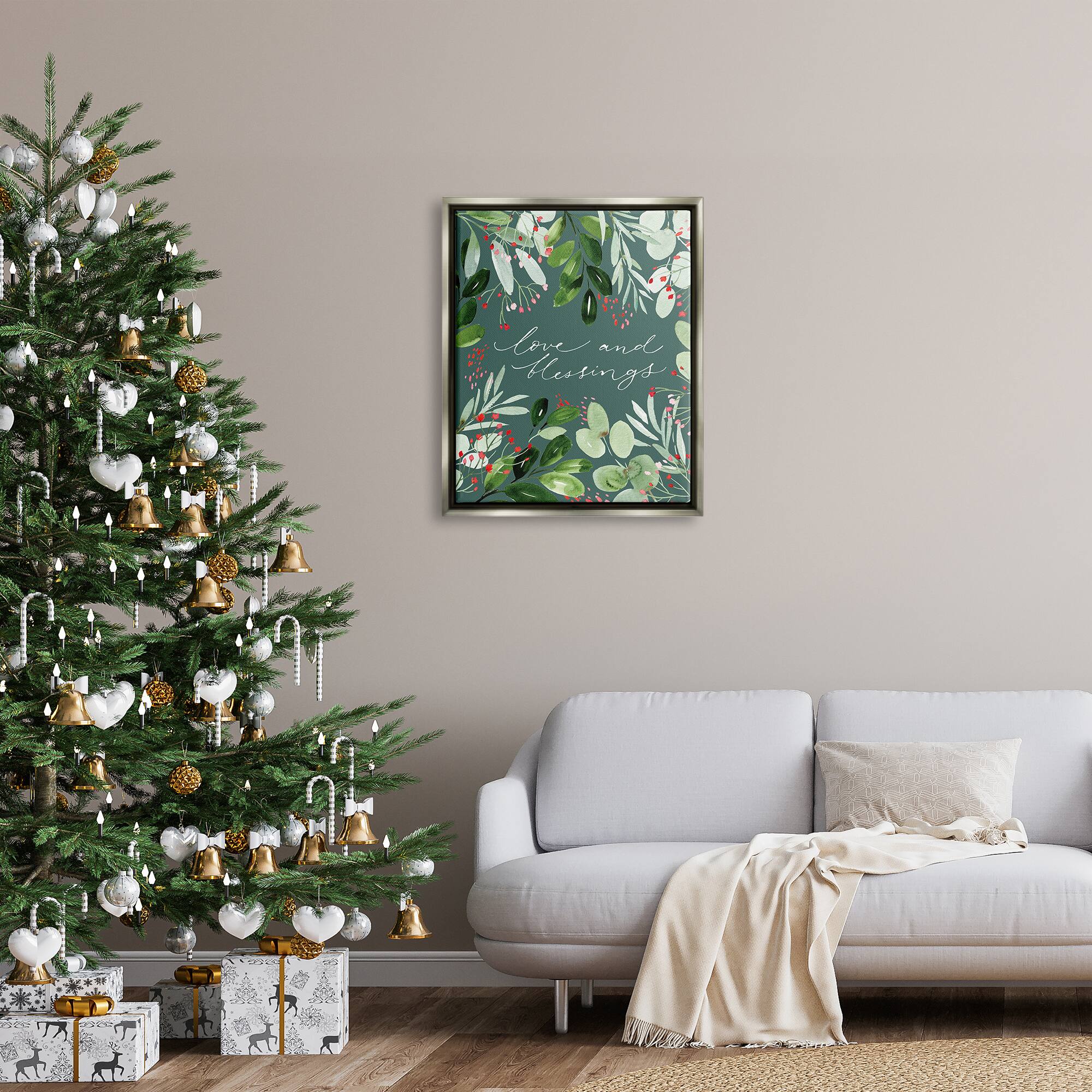 Stupell Industries Love & Blessings Green Floral Leaves Framed Floater Canvas Wall Art