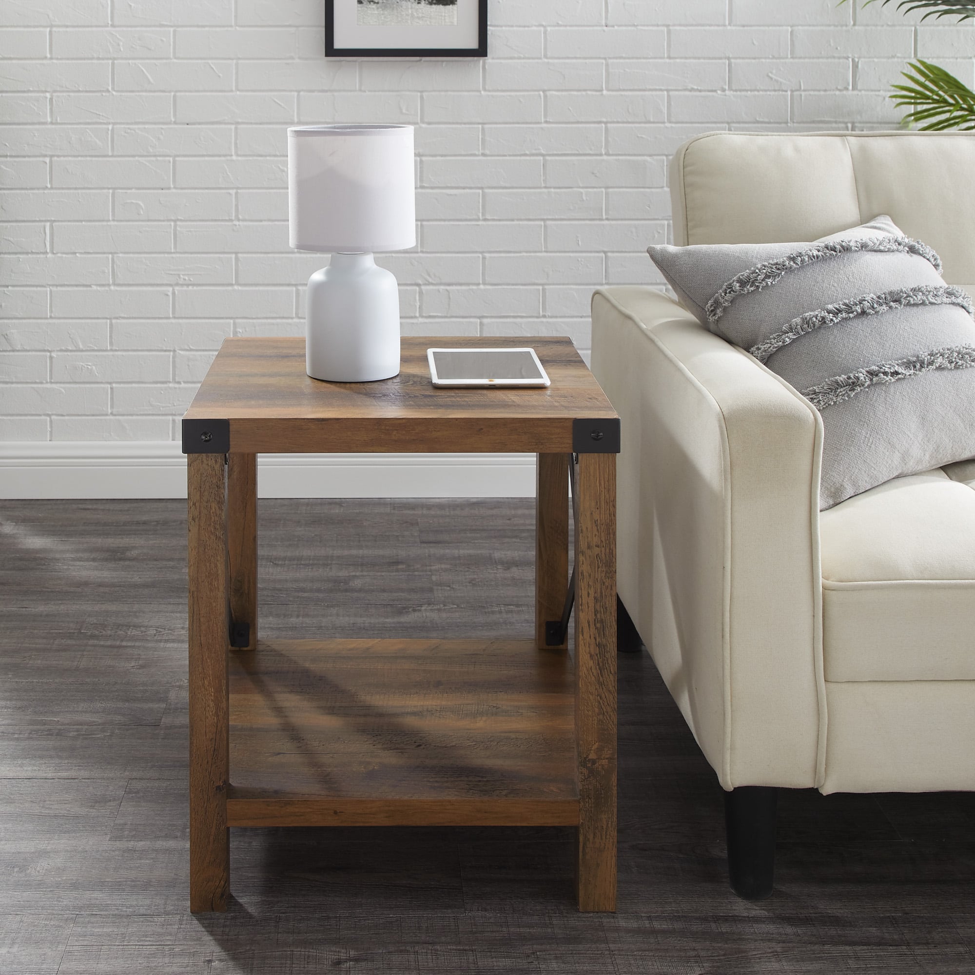 Walker Edison Reclaimed Barnwood Metal X-Frame Rustic Wood Side Table