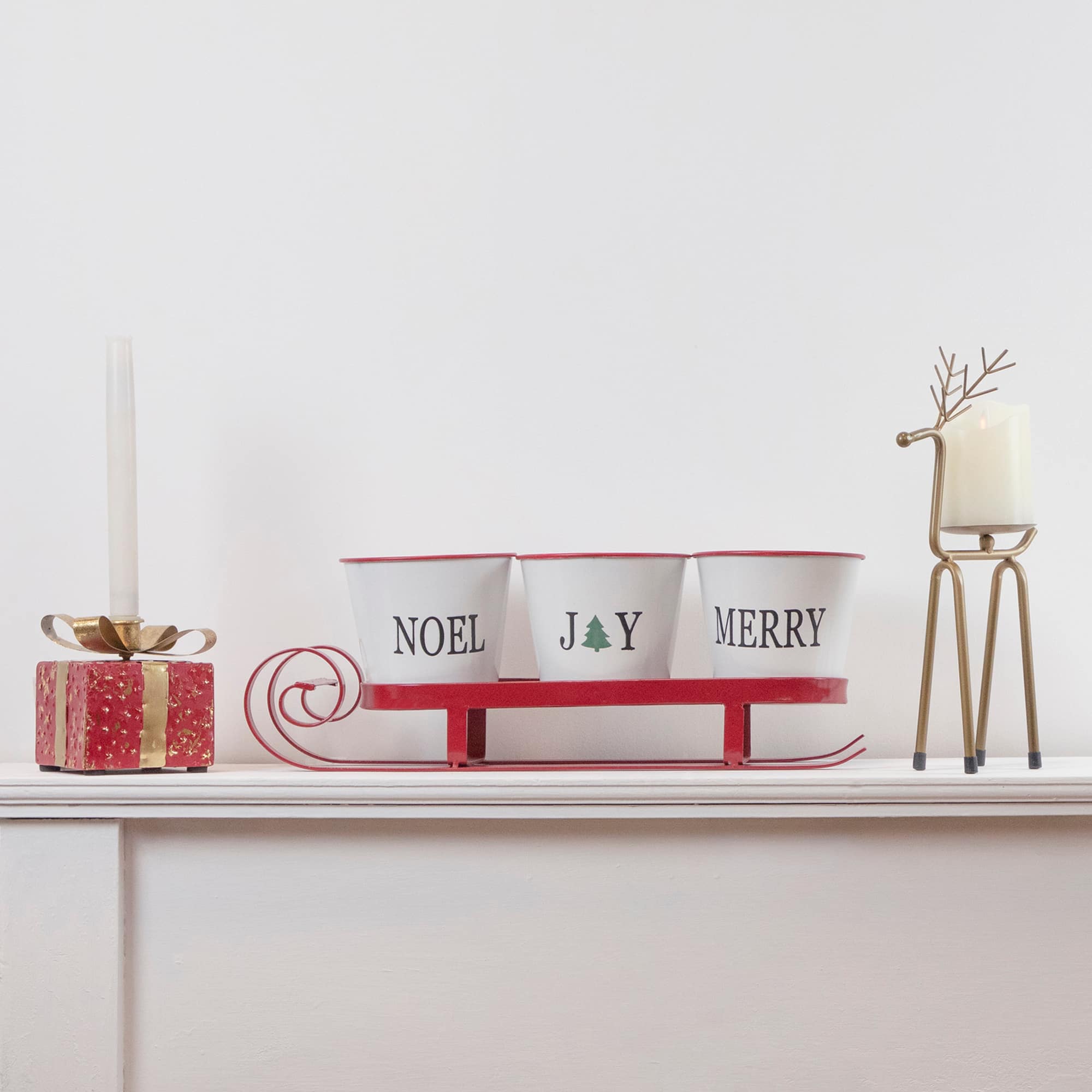 18.75" Red Sleigh with Sentiment Buckets Christmas Table Centerpiece