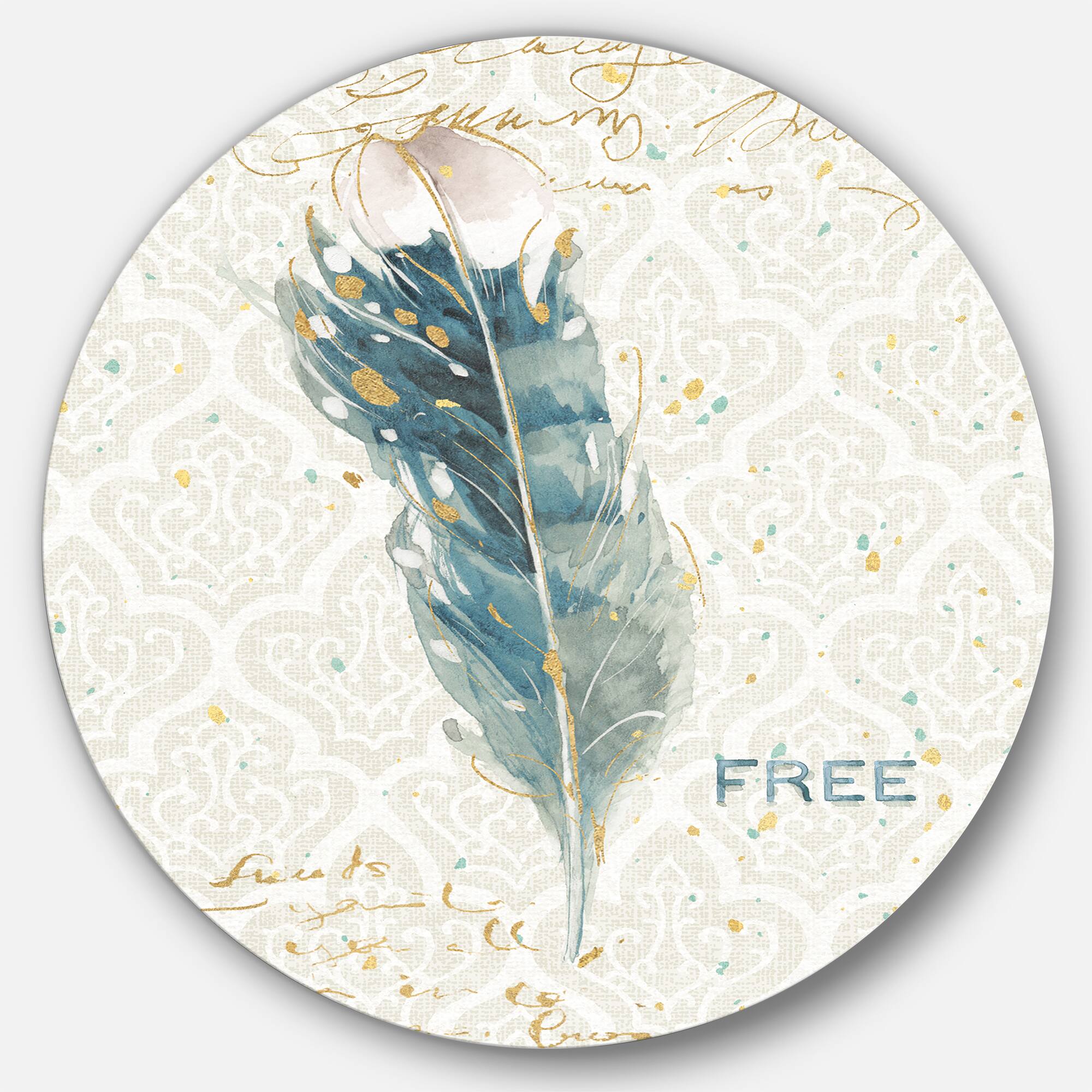 Designart - Damask Painted Gilded Feather on Blue - Traditional Metal Circle Wall Art