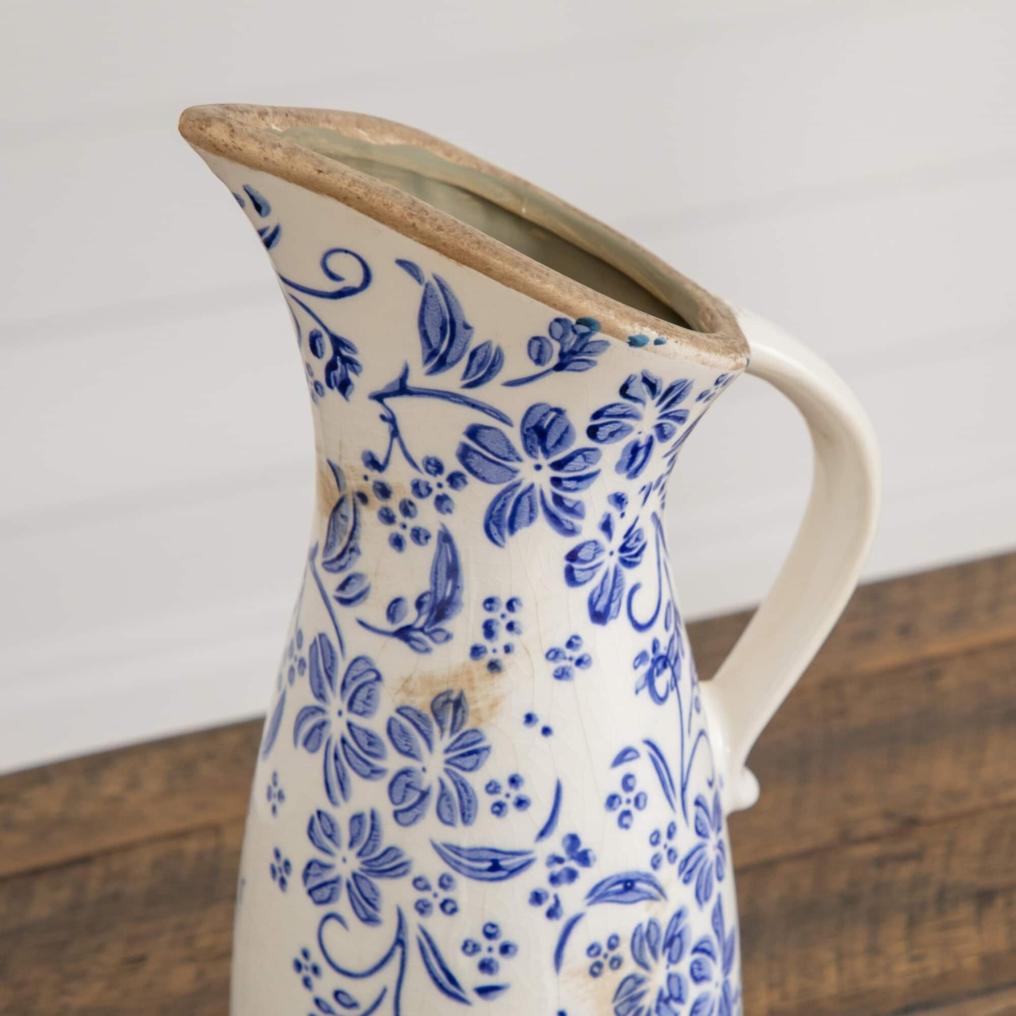 Nearly Natural 10.5" Blue Scroll Floral Tuscan Ceramic Pitcher Vase