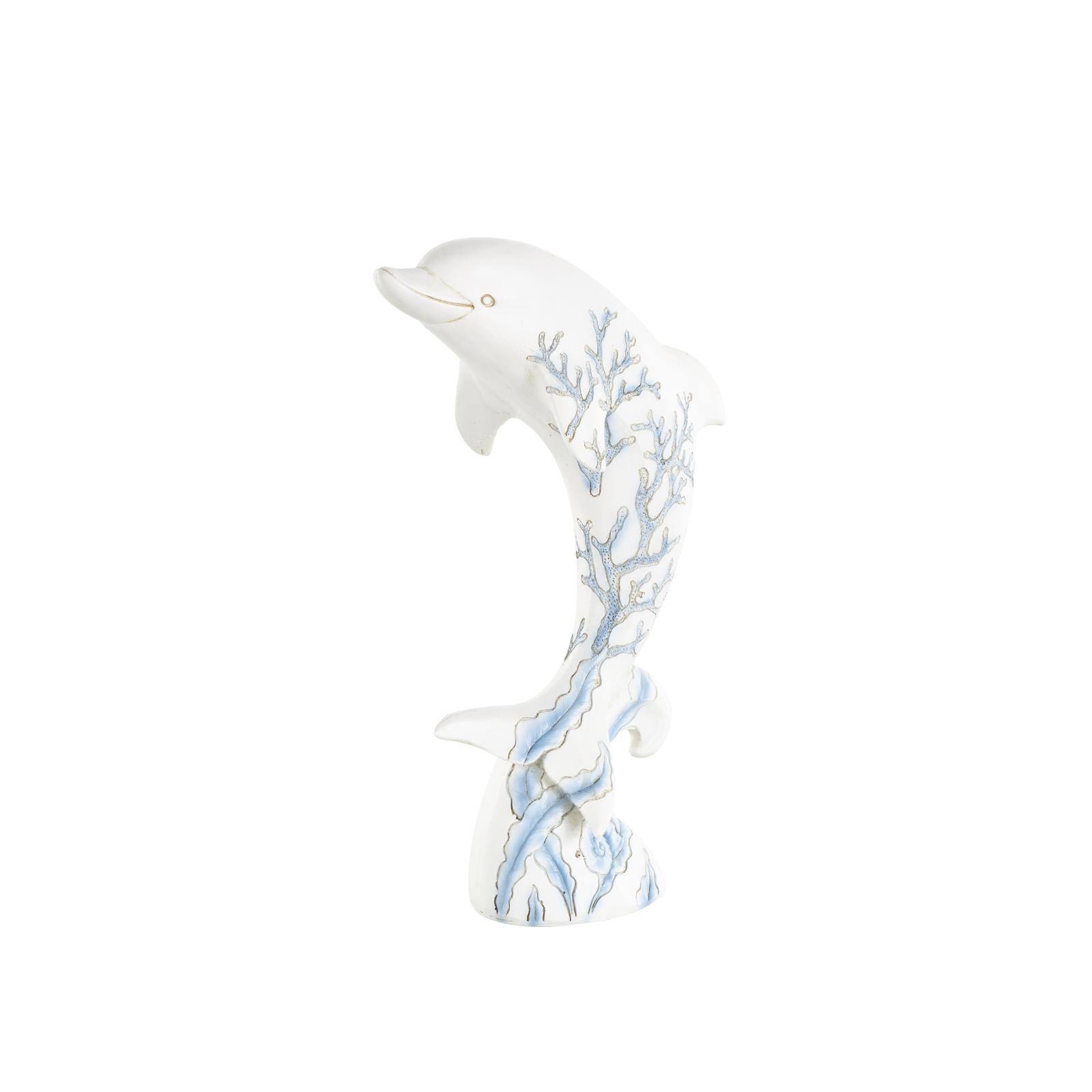12" White with Blue Coral Pattern Curved Polystone Dolphin Sculpture