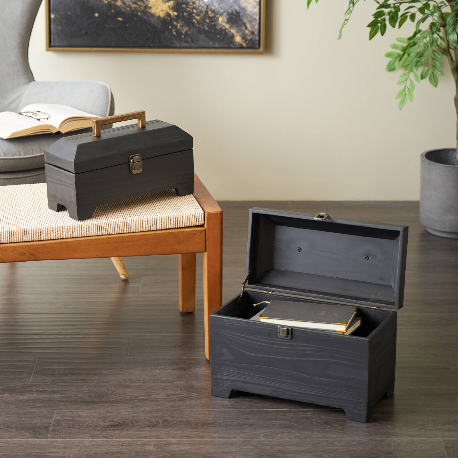 Black Wood Handmade Decorative Box Set with Brass Latches and Handle