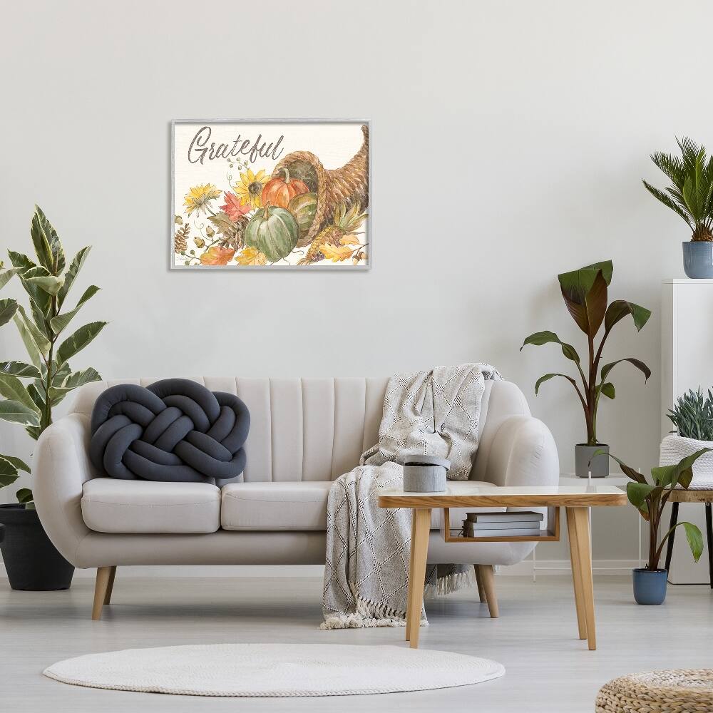Stupell Industries Grateful Sentiment Autumn Harvest Cornucopia Pumpkins Framed Giclee Art