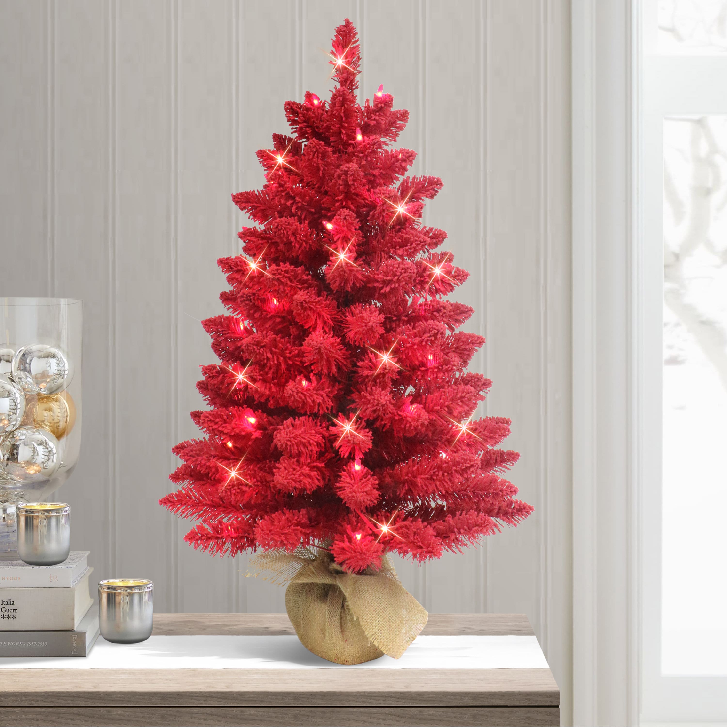 3ft. Pre-Lit Red Artificial Flocked Christmas Tree with Burlap Base, Clear Lights