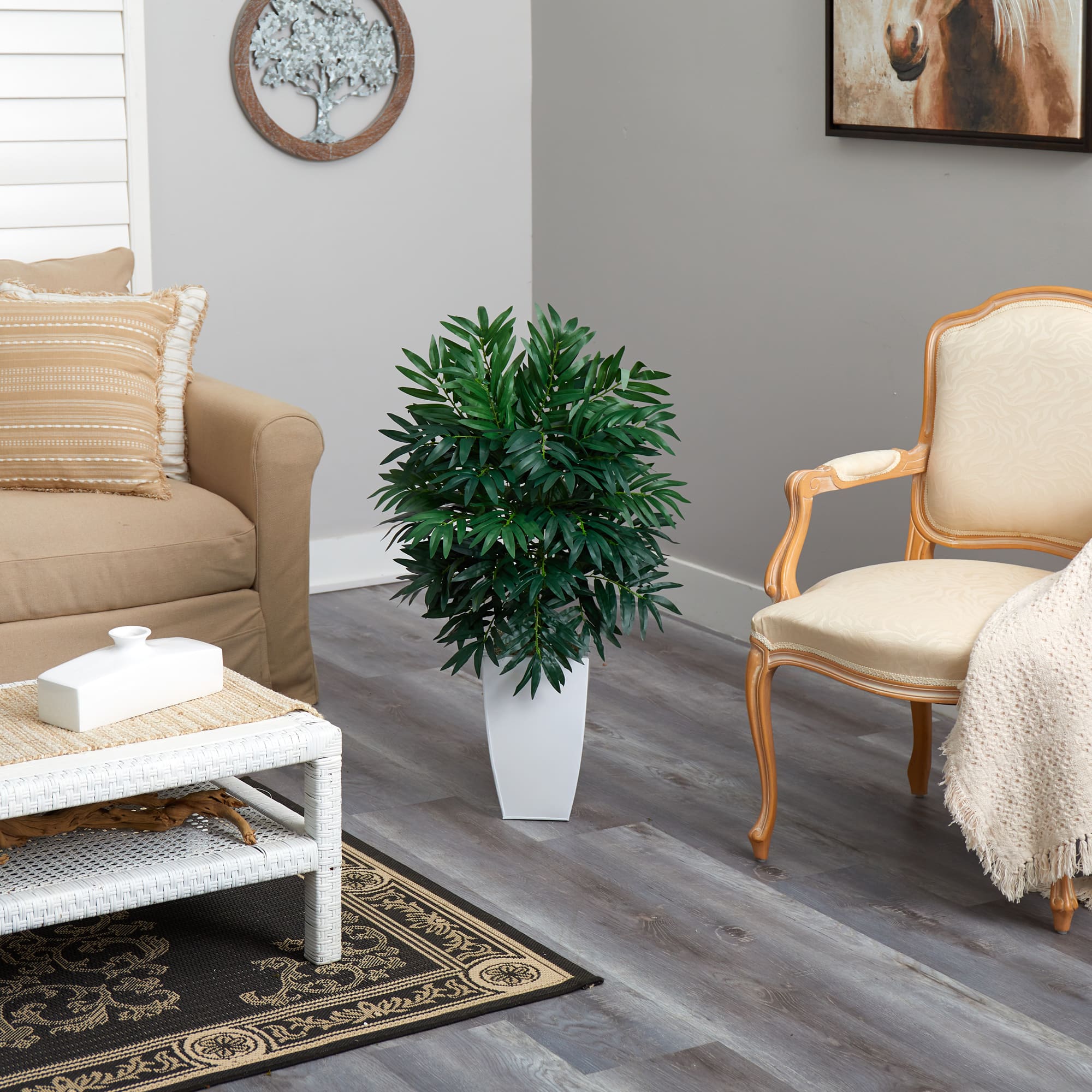 3ft. Bamboo Palm Plant in Decorative White Metal Planter