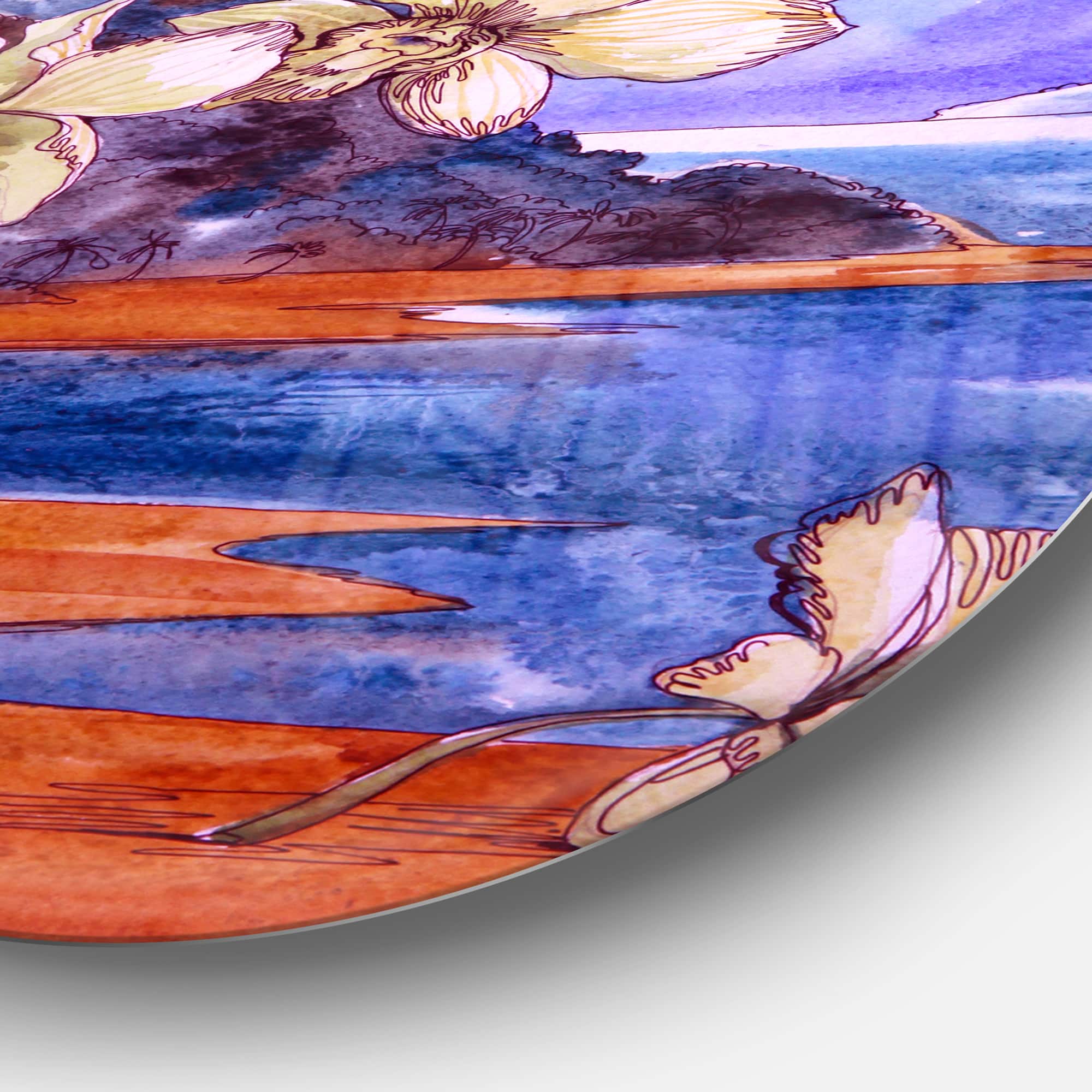 Designart - White Orchid with Sea' Floral Circle Metal Wall Art