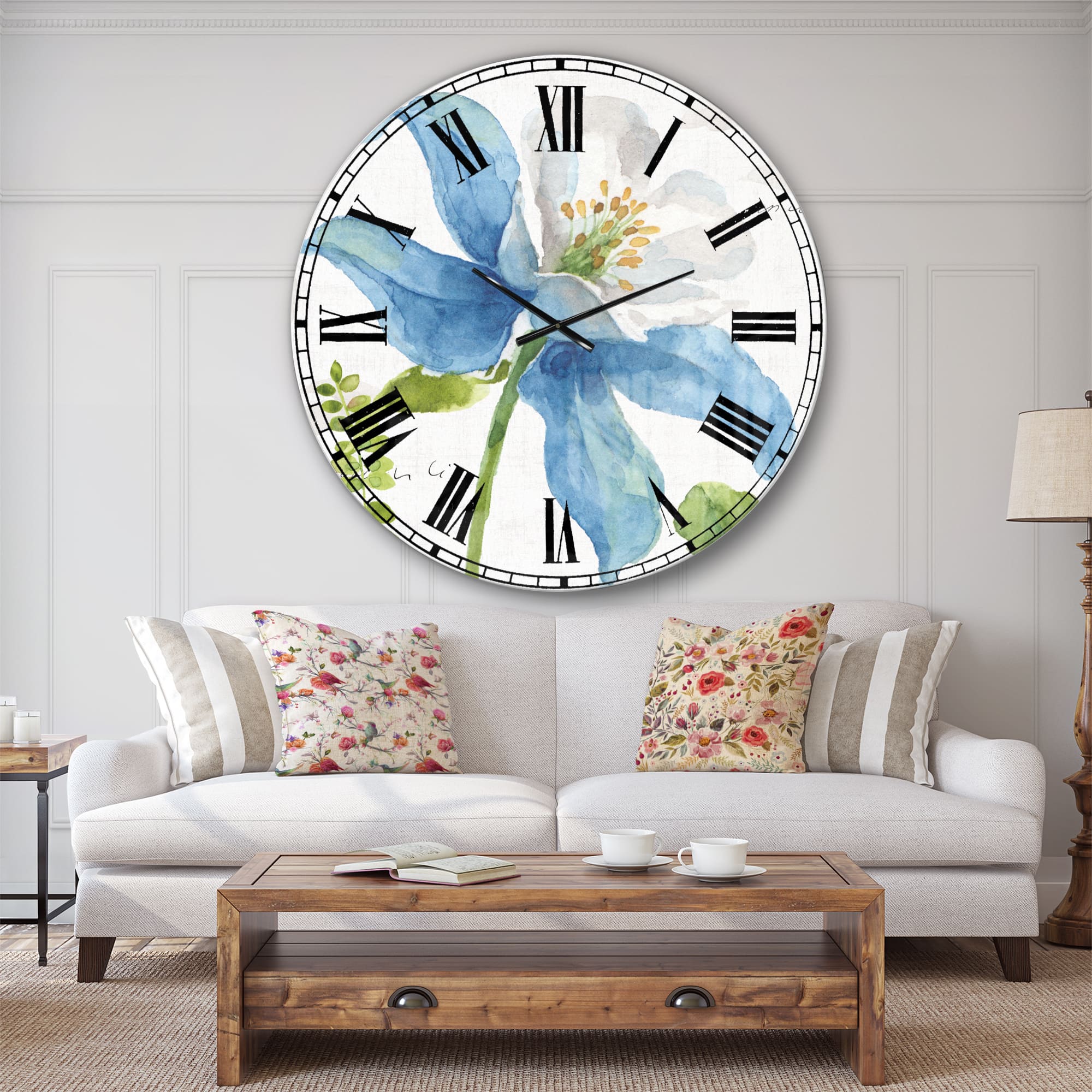 Designart 'Blue Columbine Wild Flower With Ferns Traditional Wall Clock