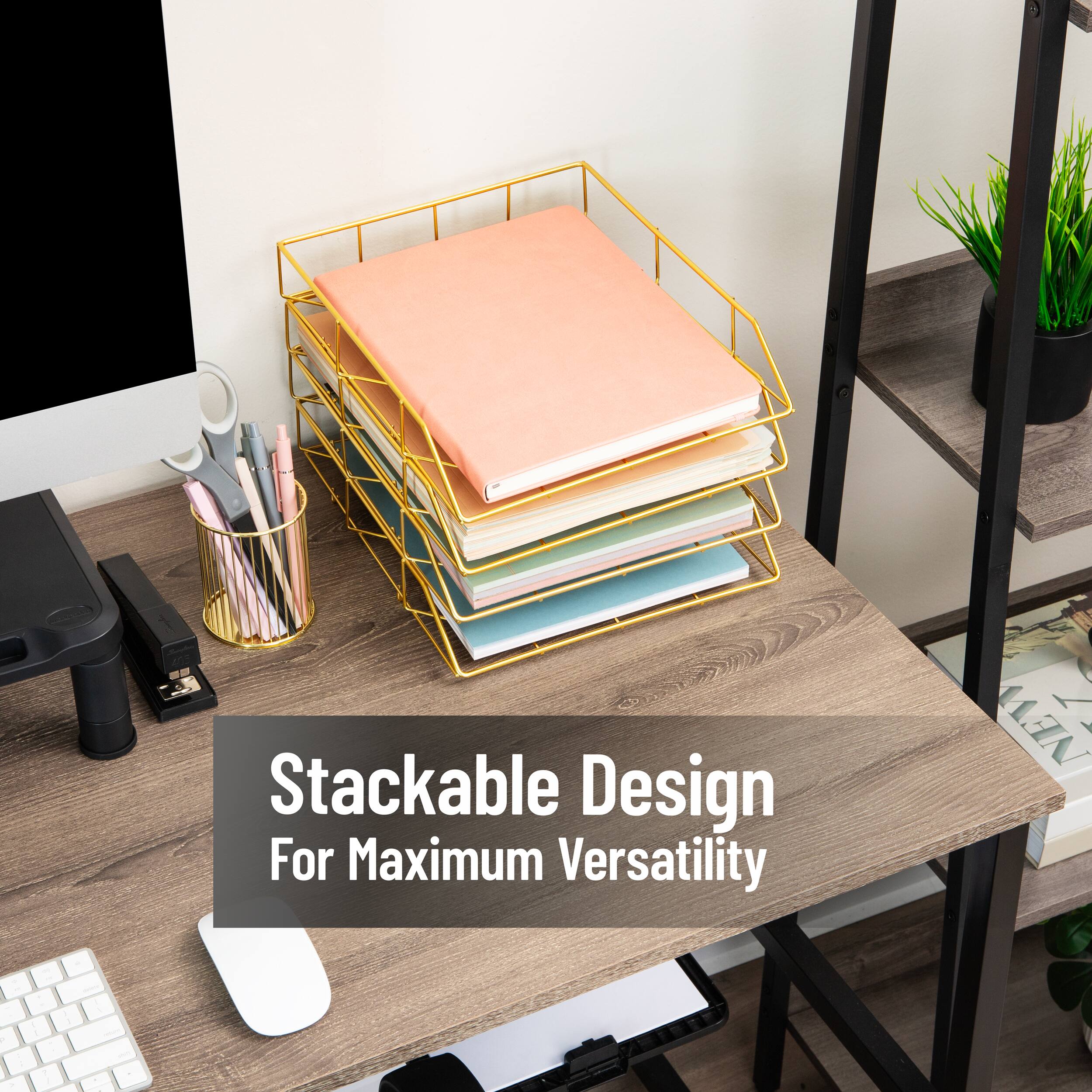 Mind Reader Gold Geometric Paper Tray, Modern Organizer for Documents, Folders, and Office Supplies, Durable and Stylish, Metal, Gold