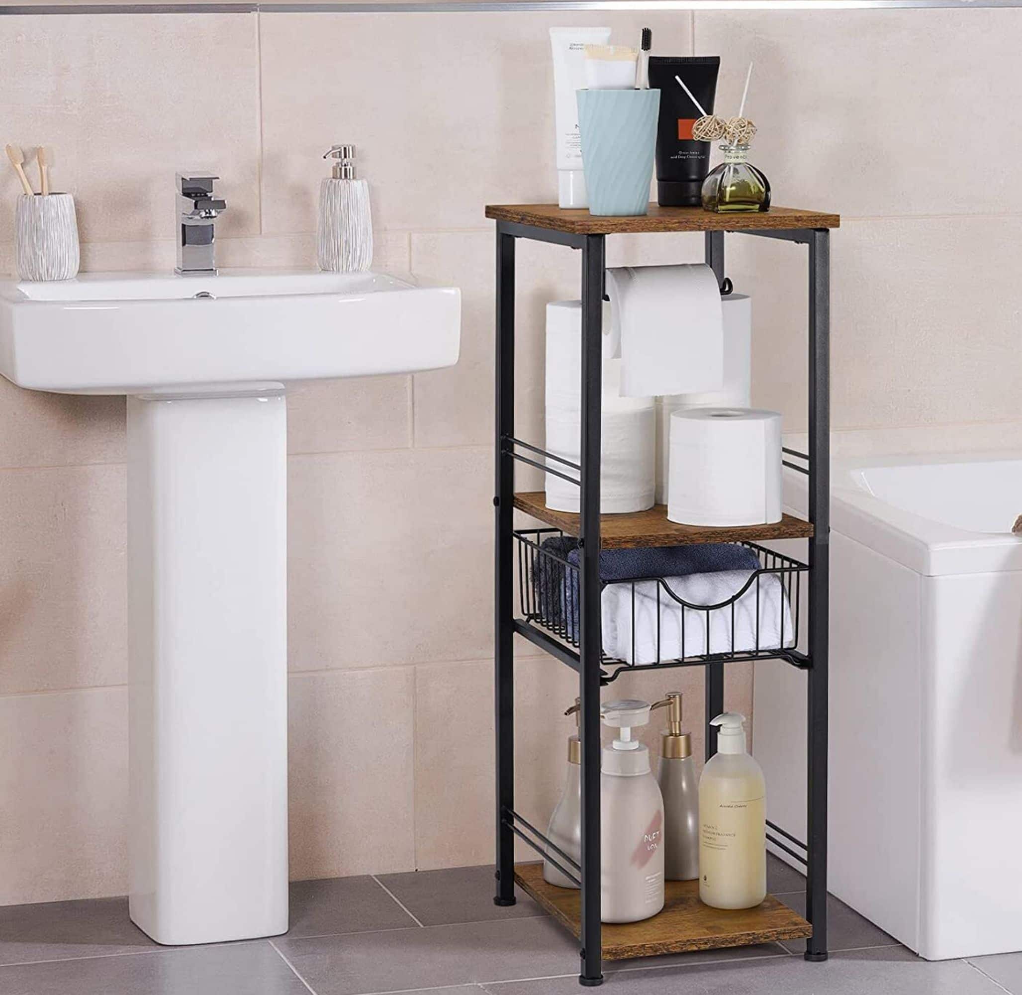 NEX™ 28" Freestanding 3-Tier Storage Shelf with Basket Drawer & Toilet Paper Holder
