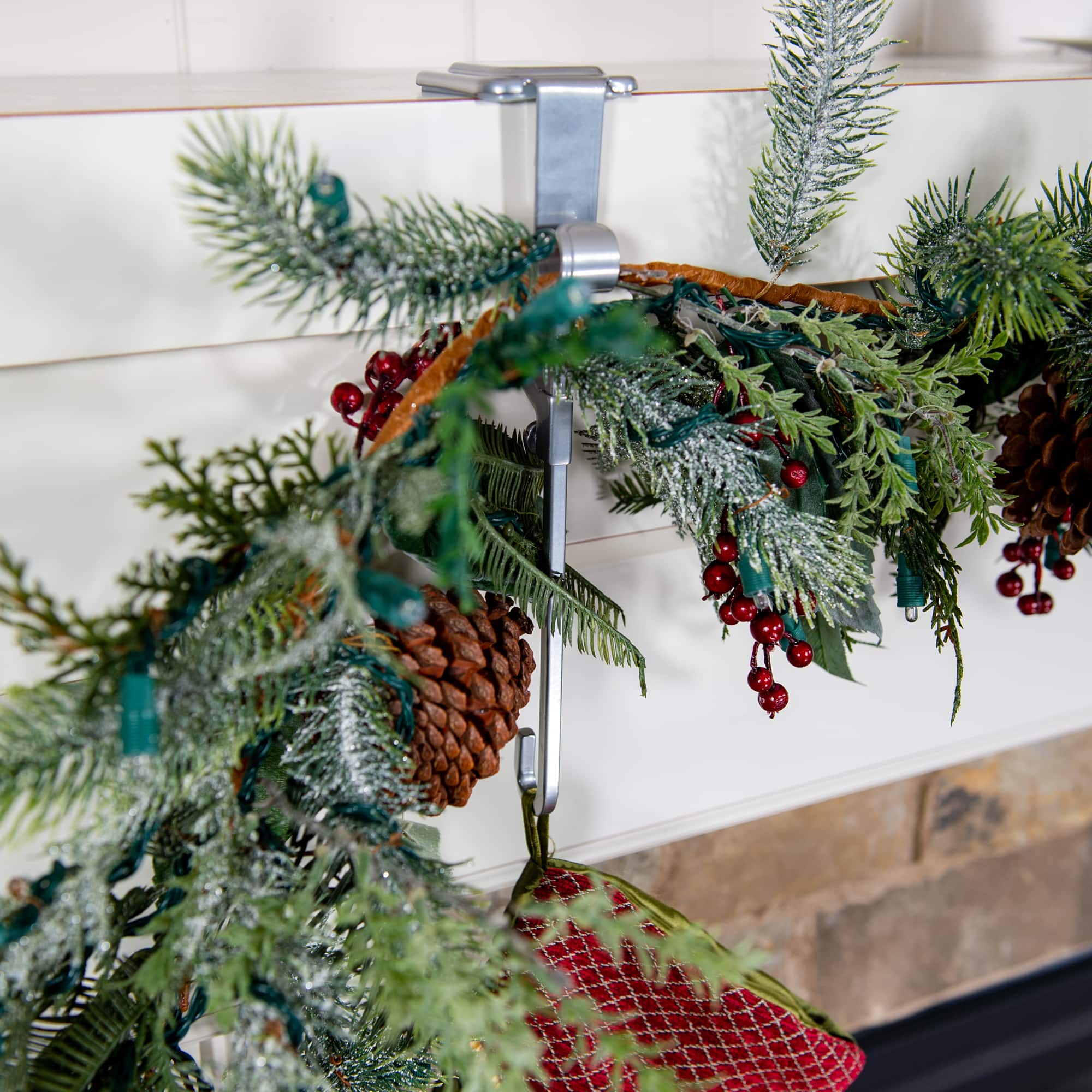 Silver Mantel Garland & Christmas Stocking Holder, 2ct.