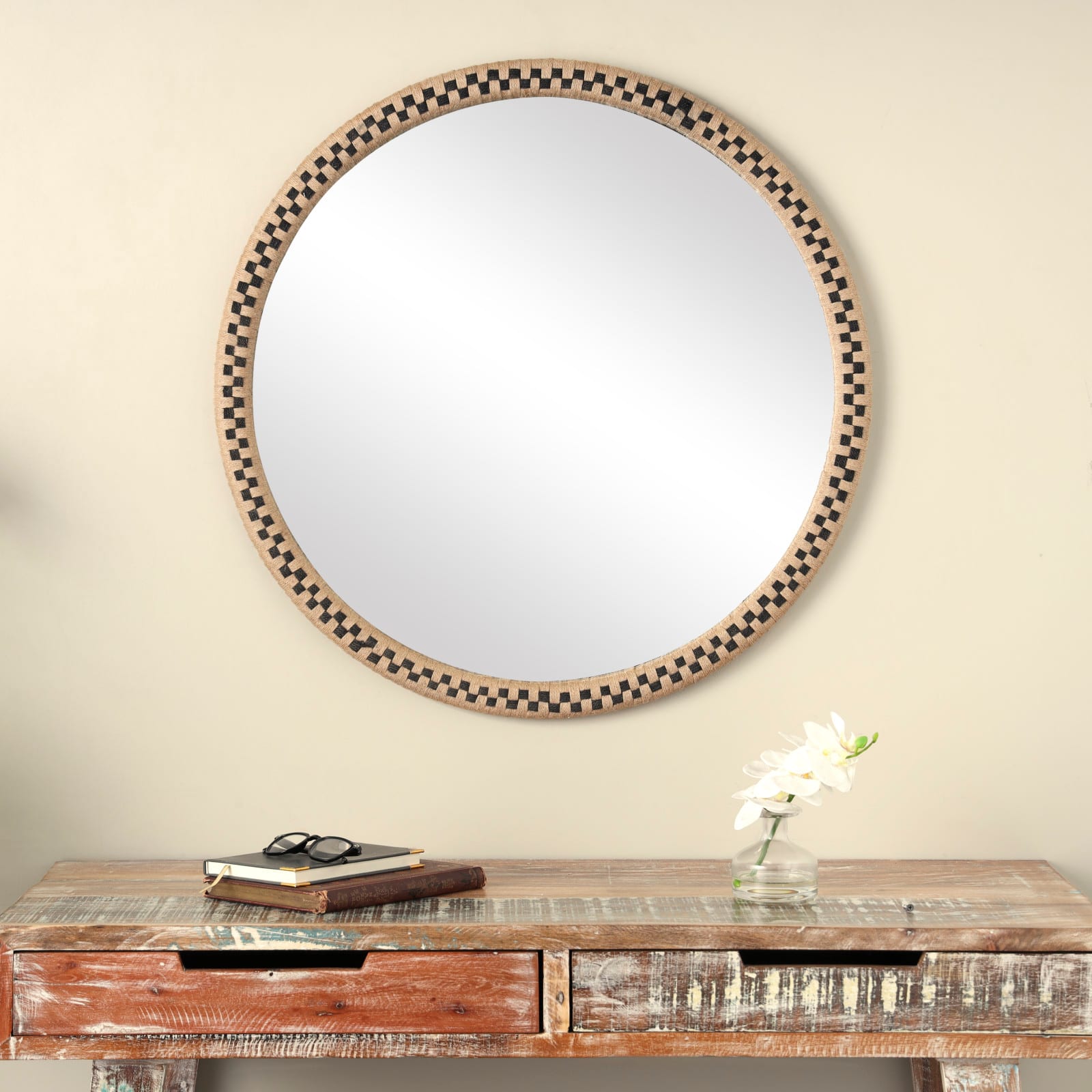 Woven Checkered Rattan Framed Round Wall Mirror