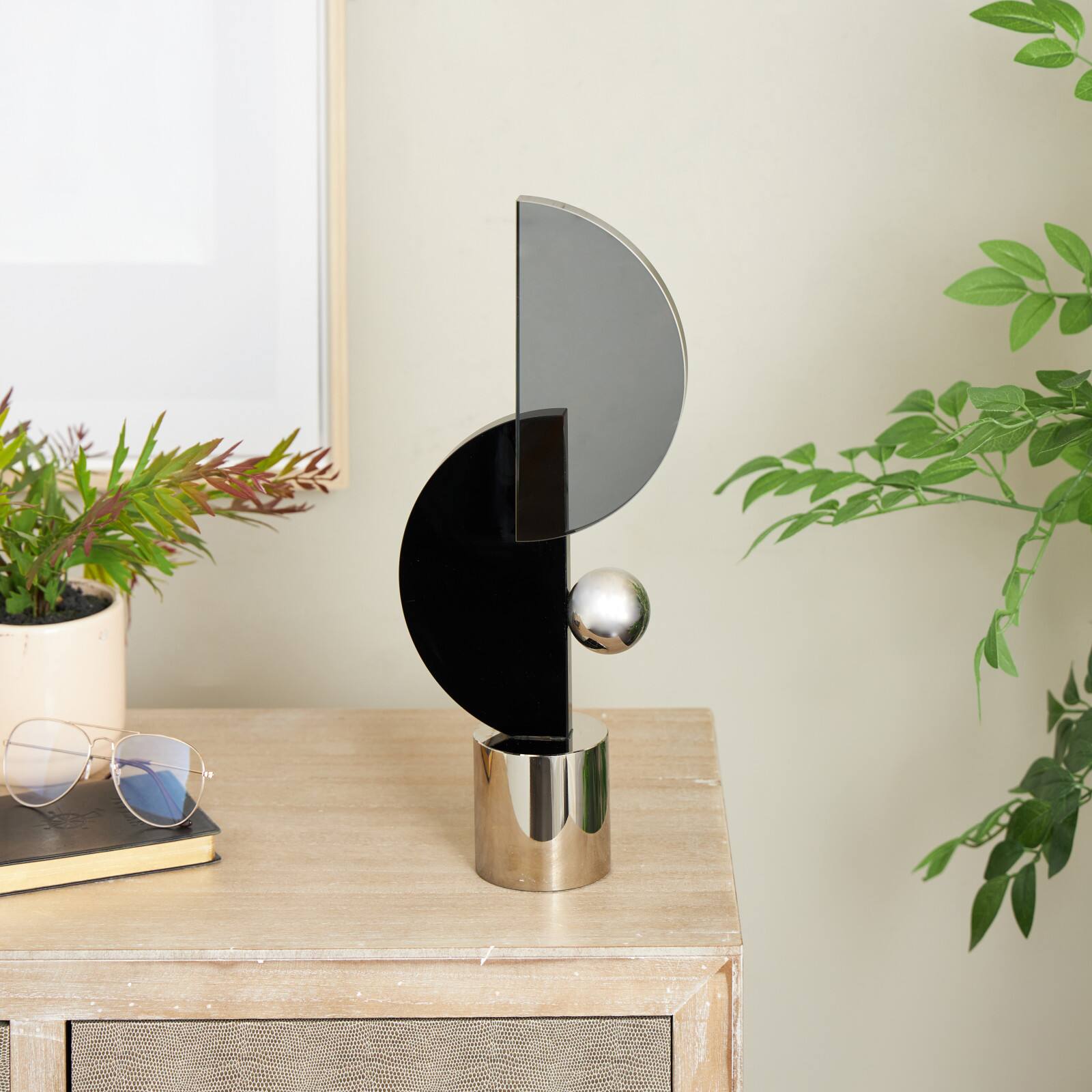 15.75" Black Glass Abstract Decorative Sculpture with Silver Orb & Base