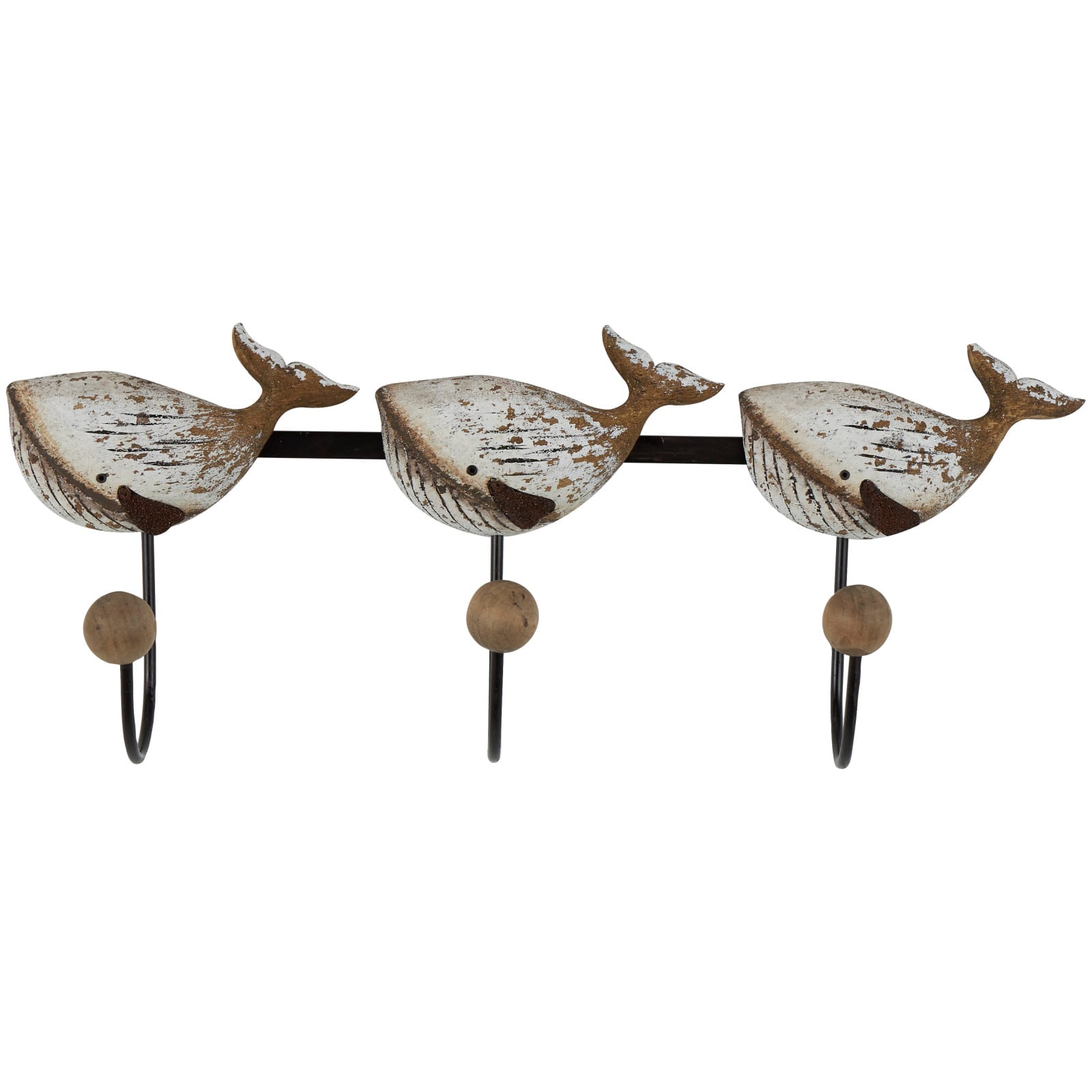 Handmade Whale Wall Hook with Black Metal & Wood Ball Accents  