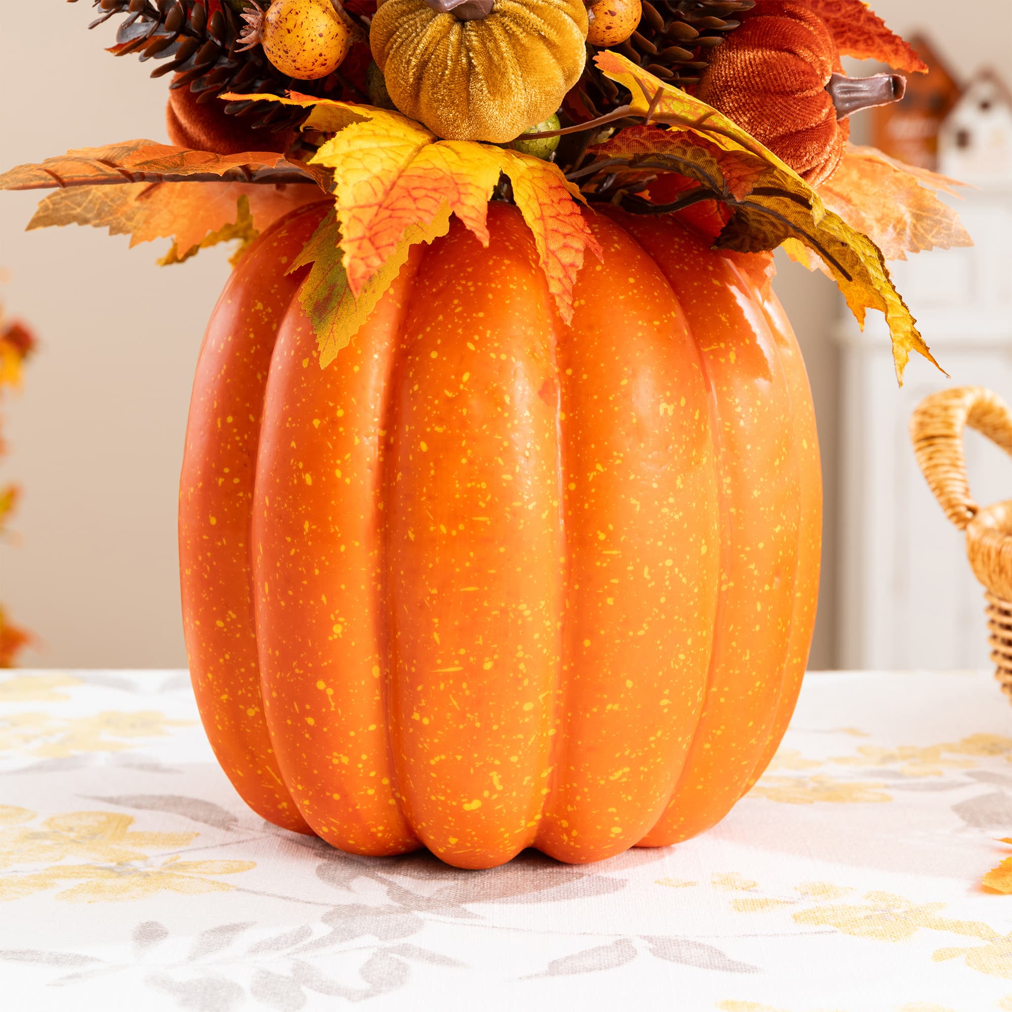 Glitzhome® 15" Fall Velvet Pumpkin, Pinecone & Berry Centerpiece