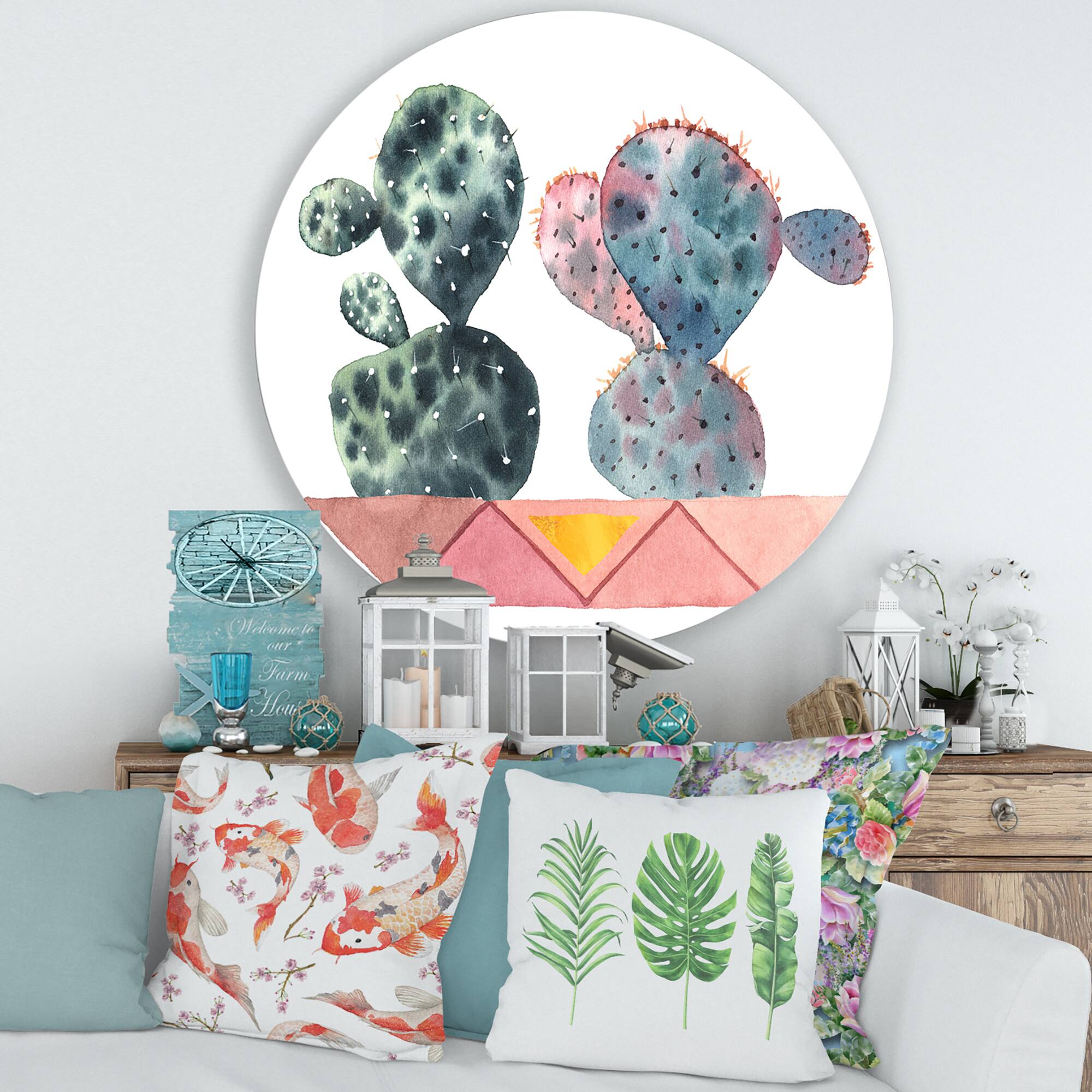 Designart - Cactus Duo In Pink Geometric Pots - Modern Metal Circle Wall Art