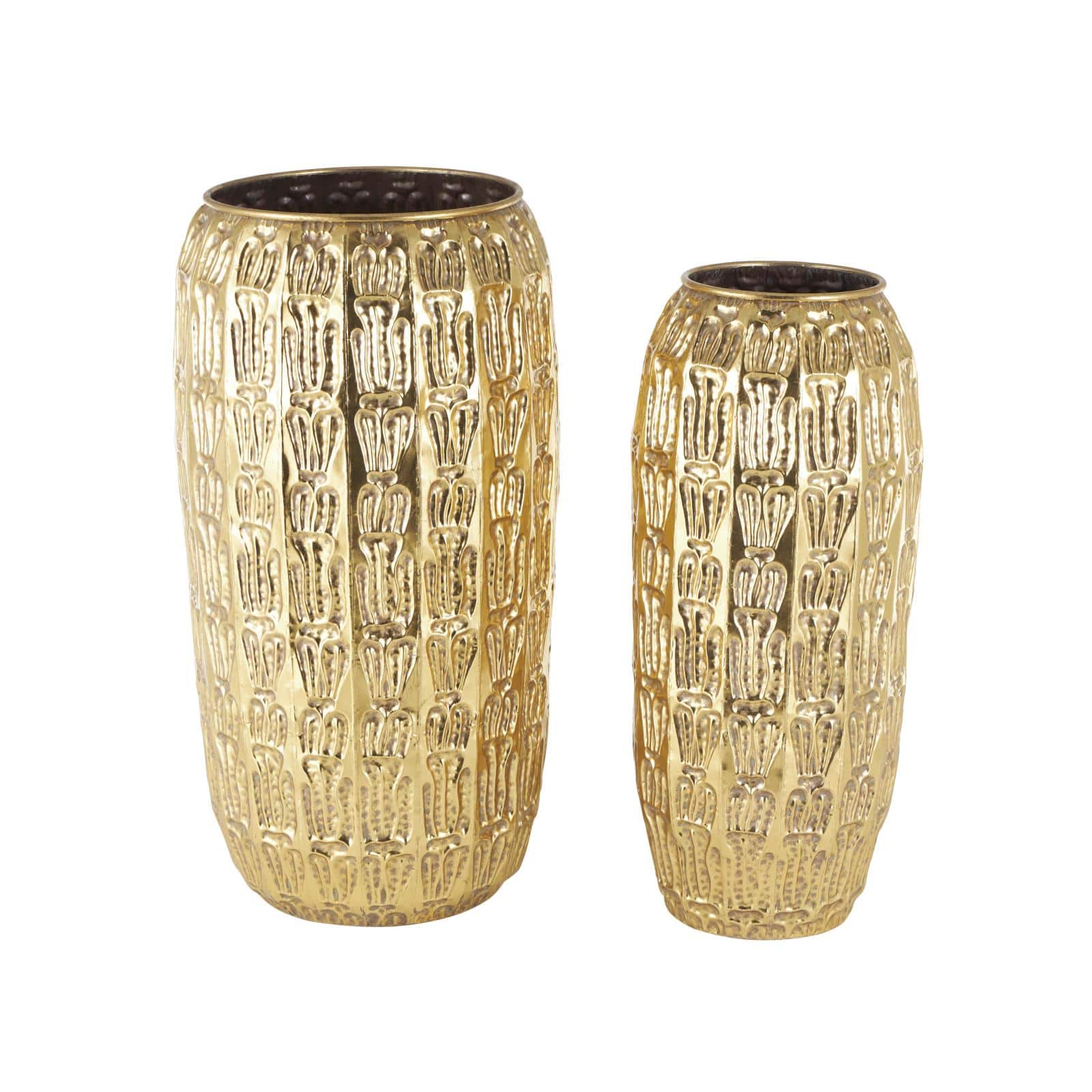 Gold Metal Tall Vase with Grooved Patterns Set