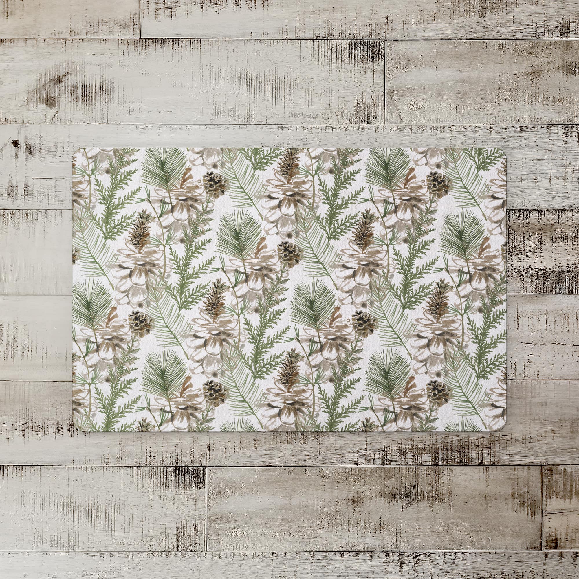 Pinecones & Greenery on White Floor Mat