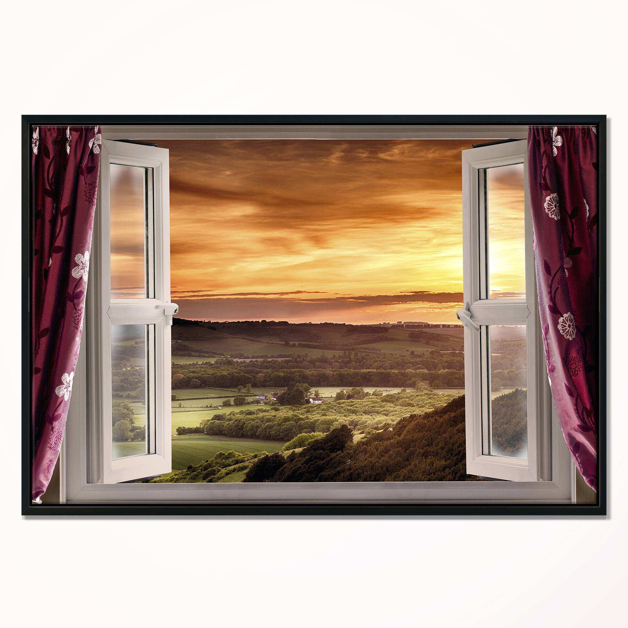 Designart - Open Window to Rural Landscape - Contemporary Canvas Art Print in Black Frame