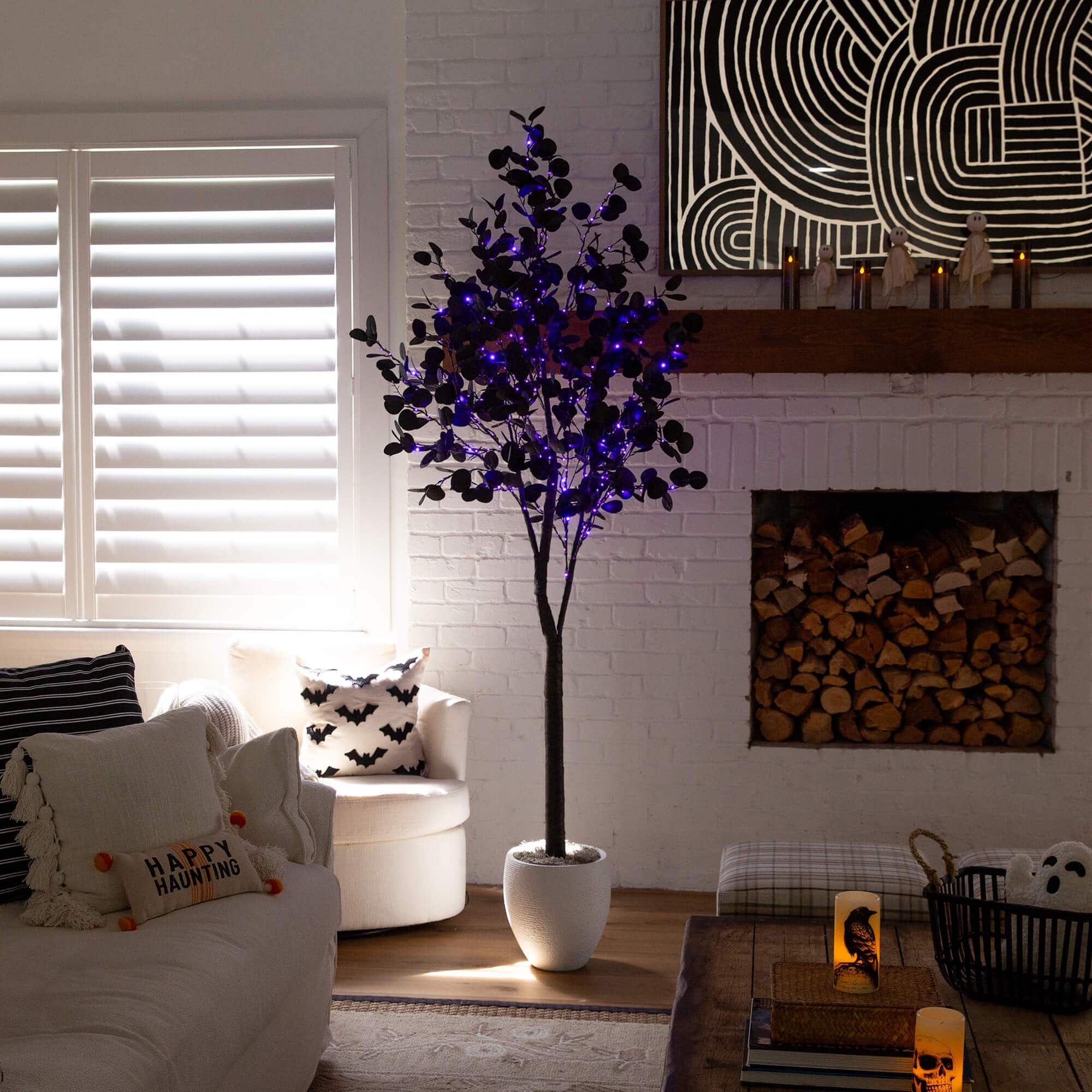 7ft. Pre-Lit Artificial Halloween Black Eucalyptus Tree with 420 Orange & Purple LED Lights