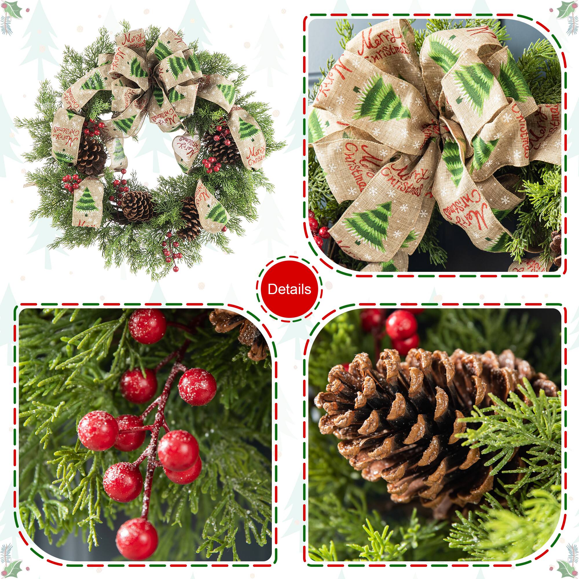 Glitzhome® 24" Cypress Leaves & Pinecone Wreath with Ribbon & Bow