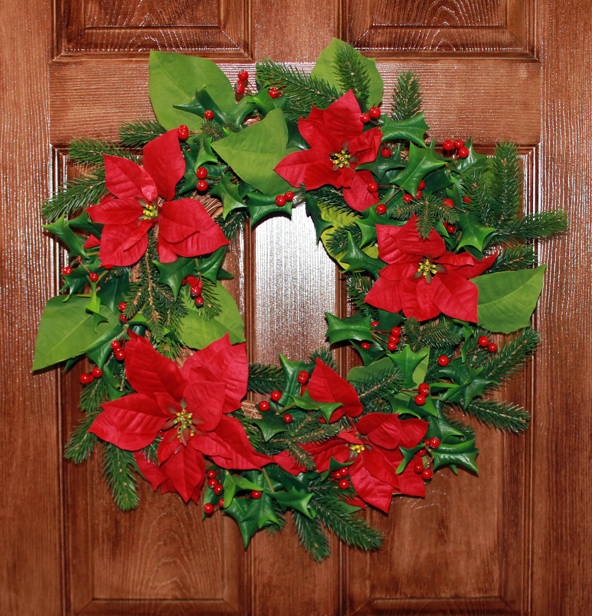 24" x 24" Artificial Christmas Poinsettia Wreath with Berries