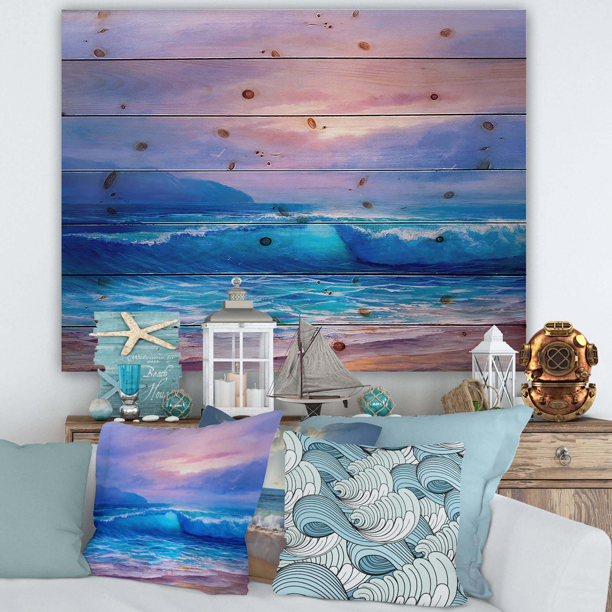Designart - Golden Sunset Over The Sea By The Beach - Nautical & Coastal Print on Natural Pine Wood