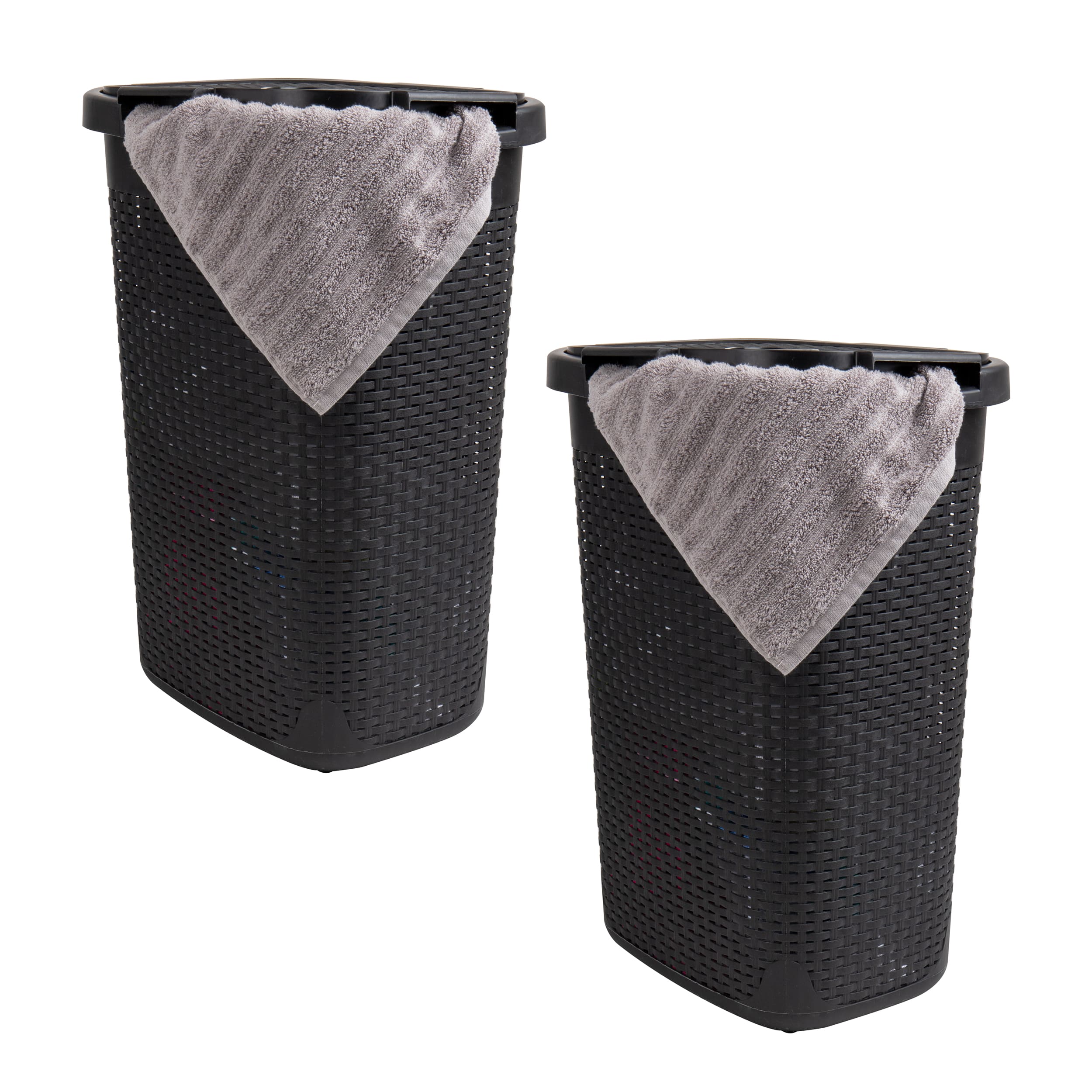 Mind Reader 60L Ventilated Slim Laundry Hamper with Cut Out Handles & Attached Hinged Lid, 2ct.