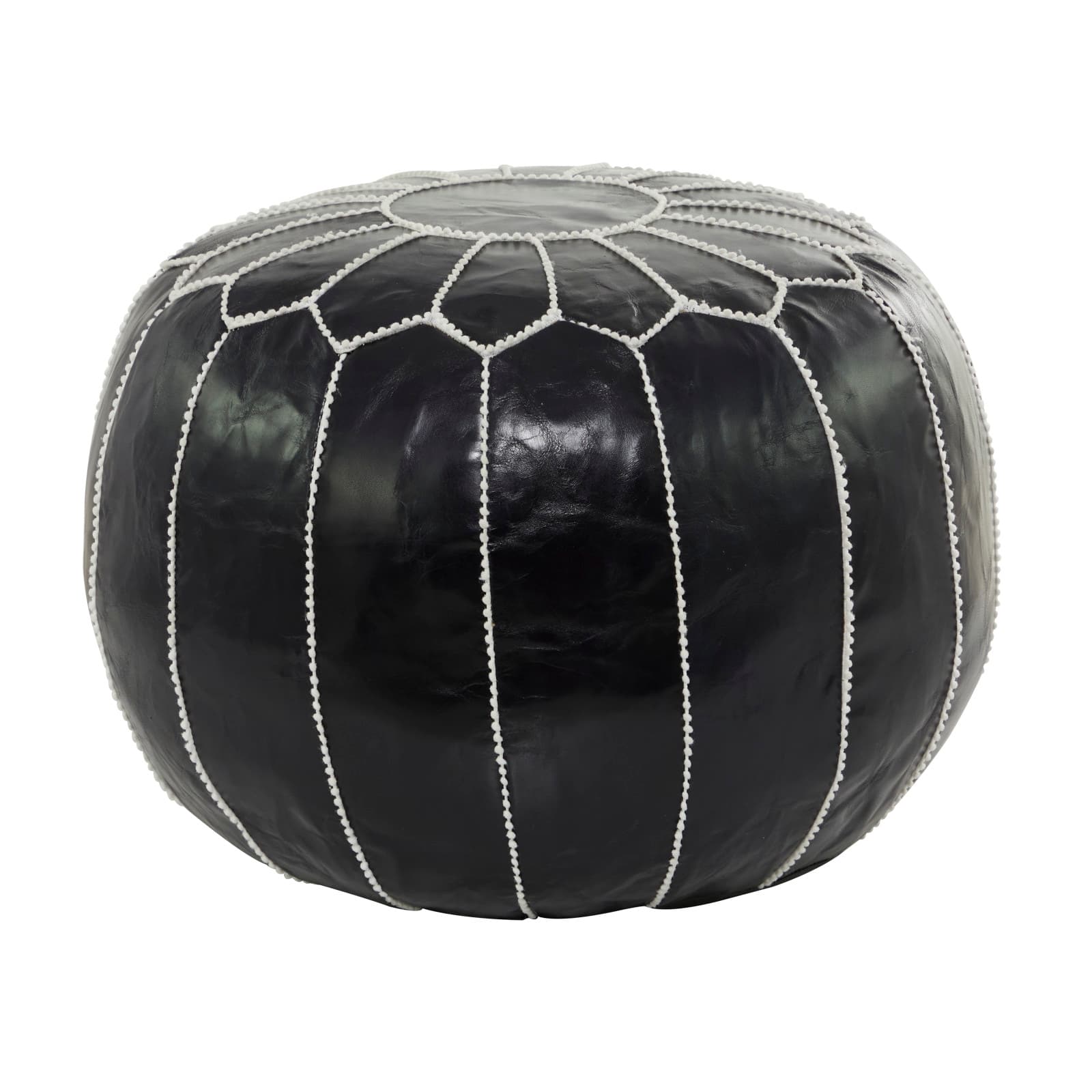 24" Black Leather Moroccan Floral Pouf with White Stitching