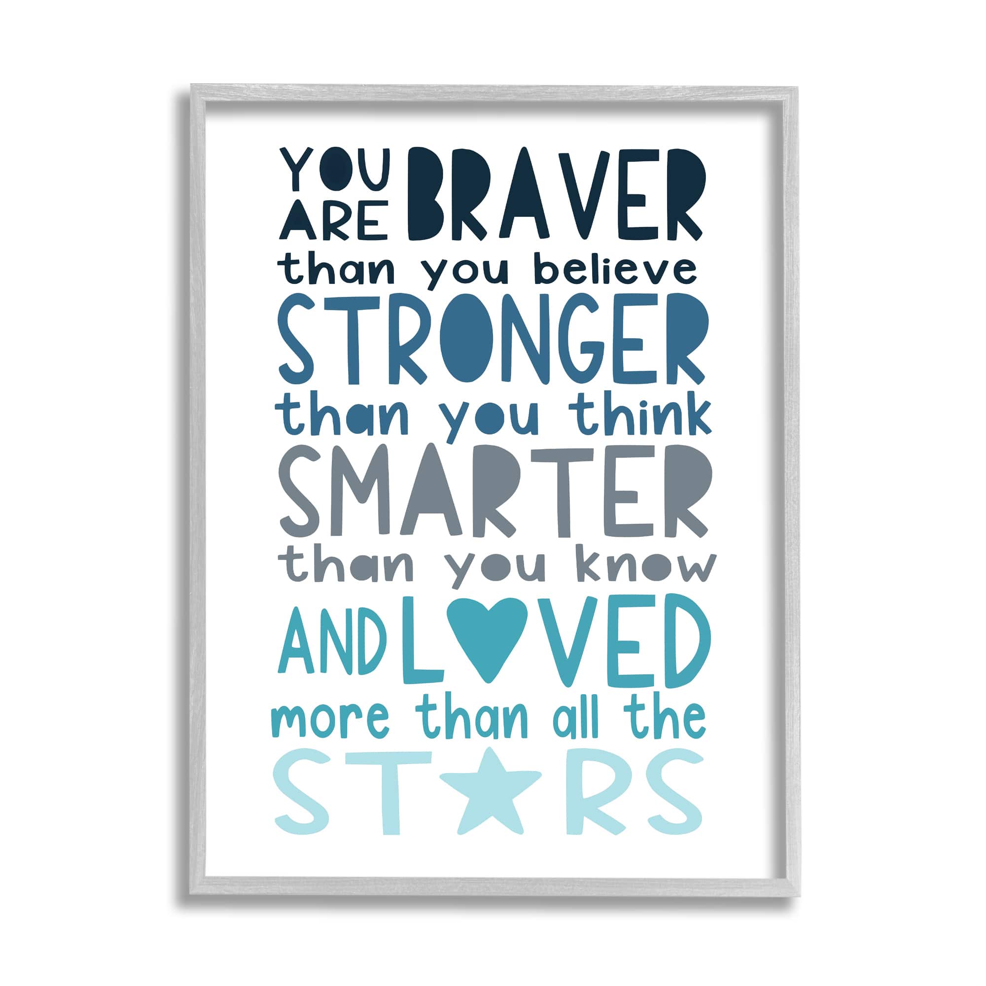 Stupell Industries Braver Stronger Smarter and Love Phrase Blue Typography in Gray Frame Wall Art