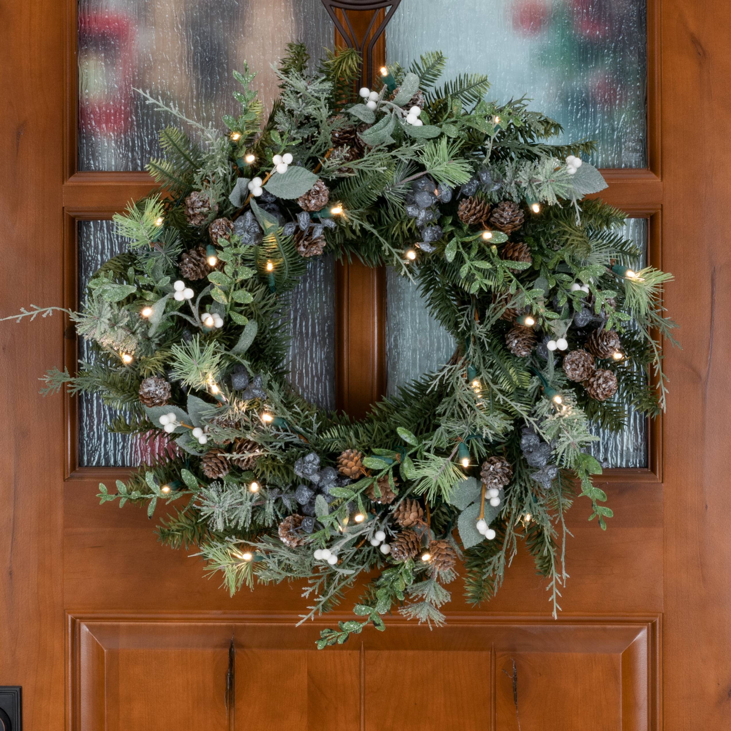 Village Lighting 24" Pre-Lit Rustic White Berry Christmas Wreath, Clear LED Lights