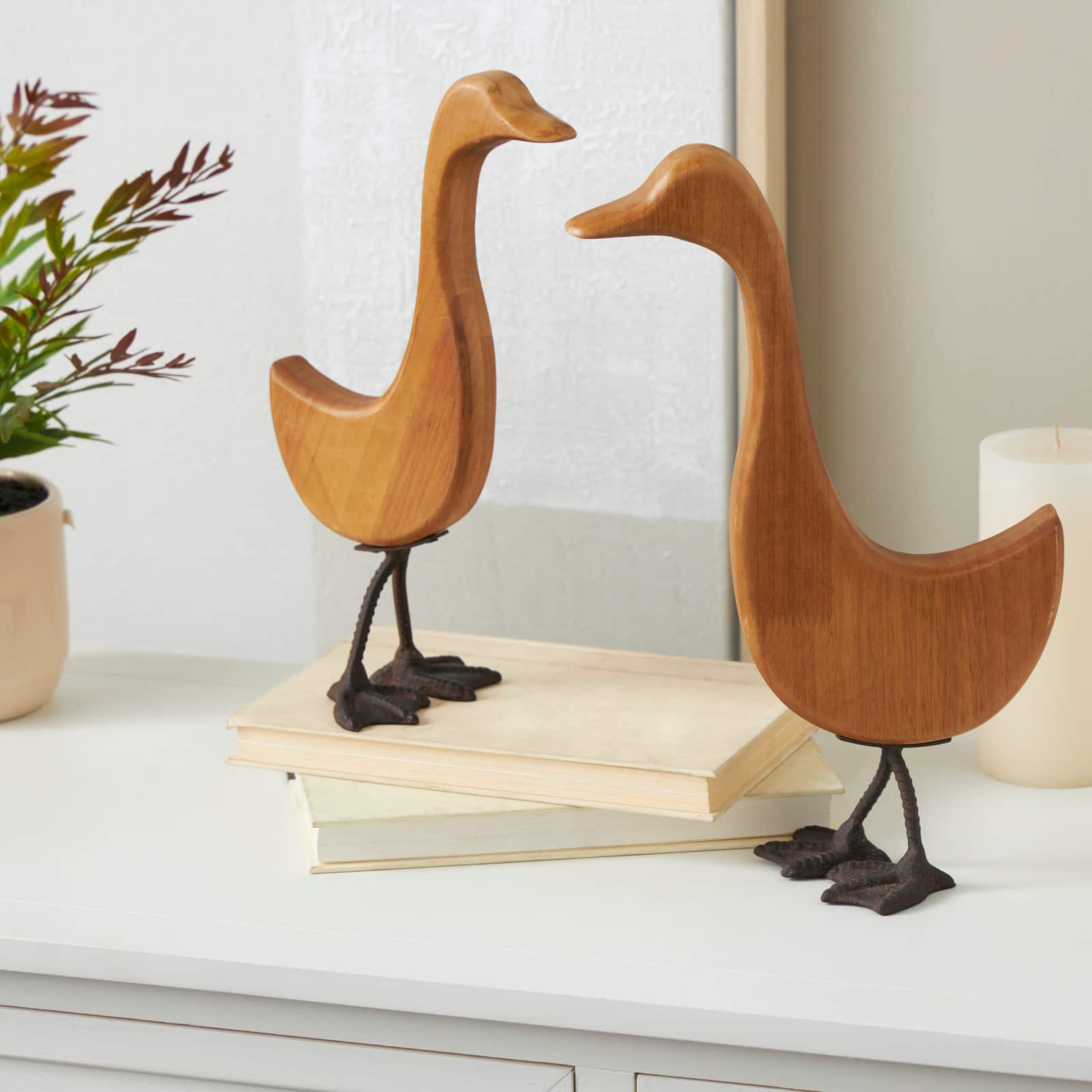 Brown Abstract Minimalistic Wood Goose Sculpture Set