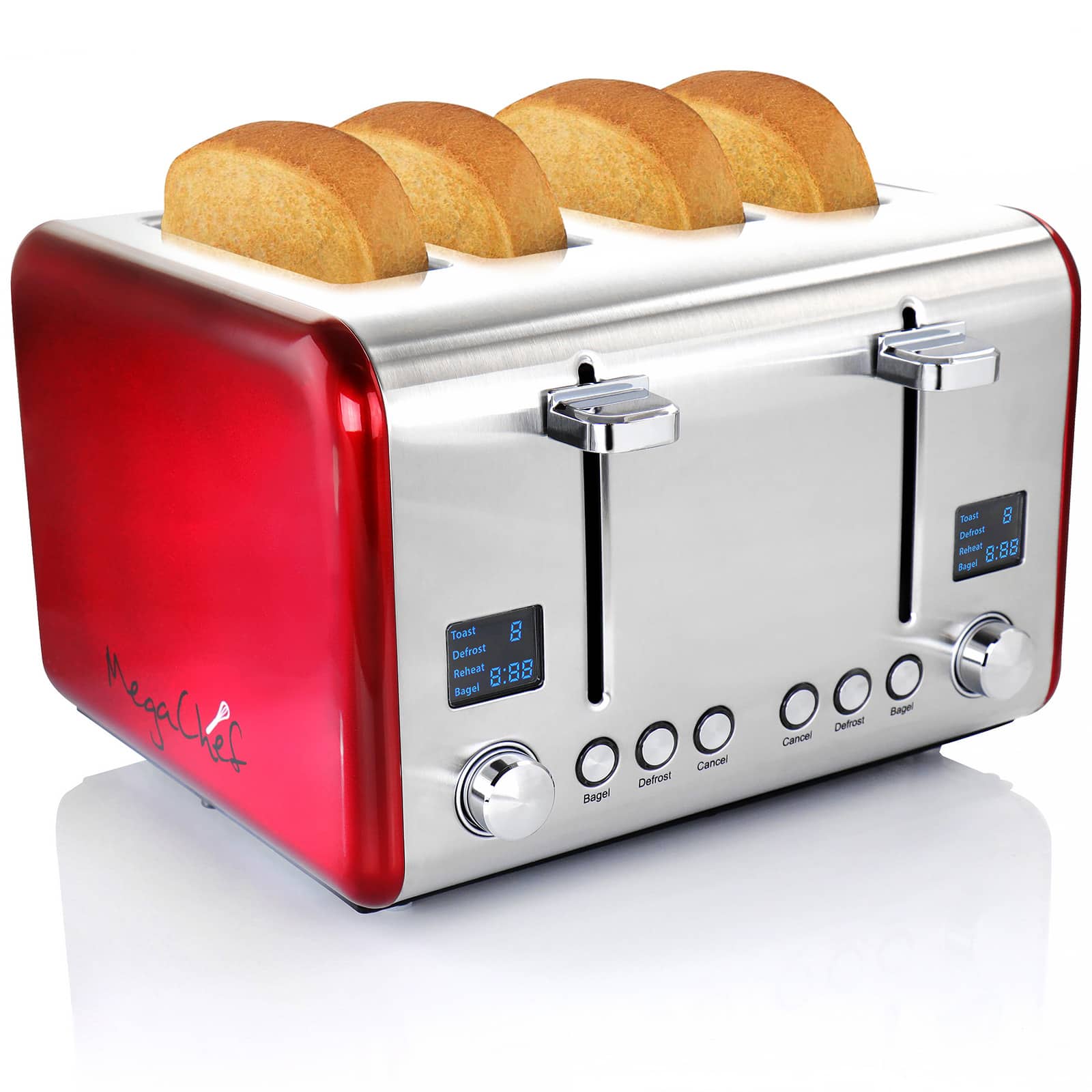 MegaChef Red 4 Slice Toaster in Stainless Steel