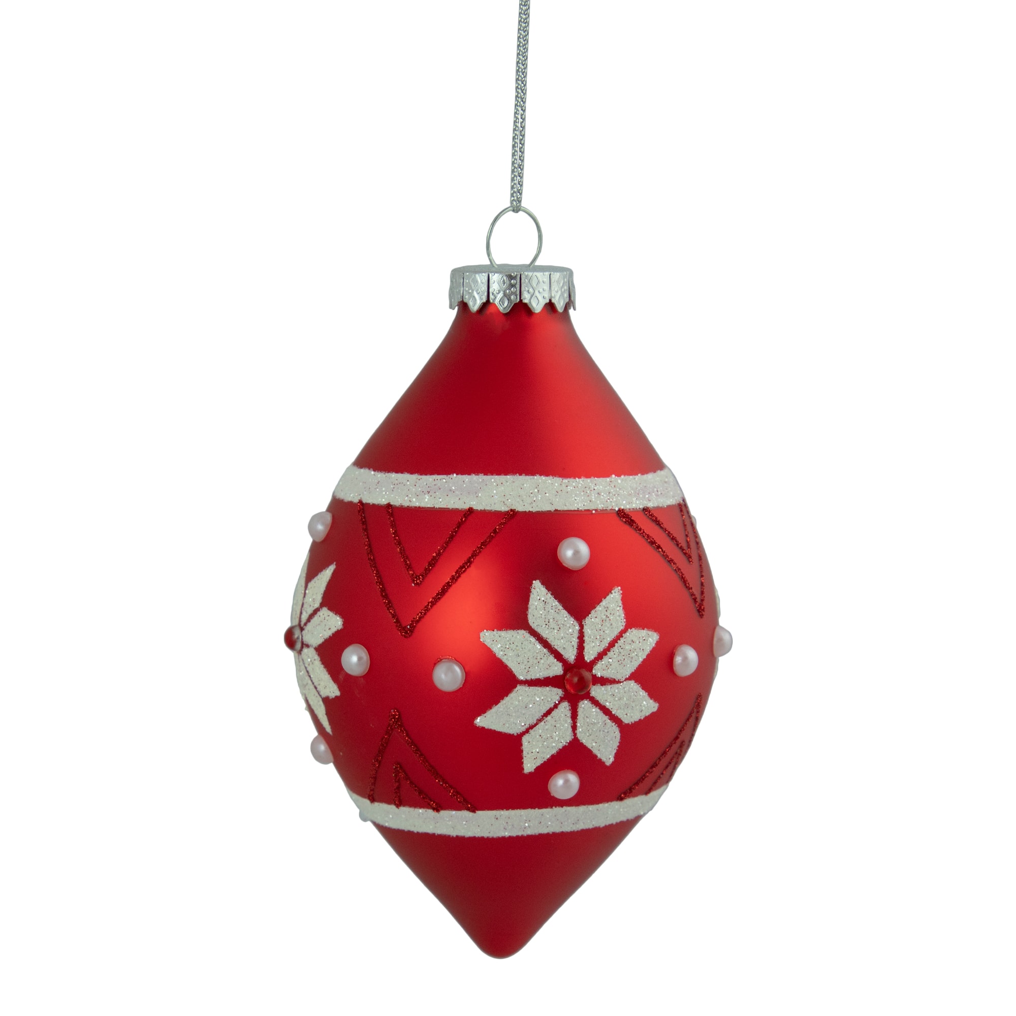 5" Glittered Red & White Snowflake Glass Finial Christmas Ornament