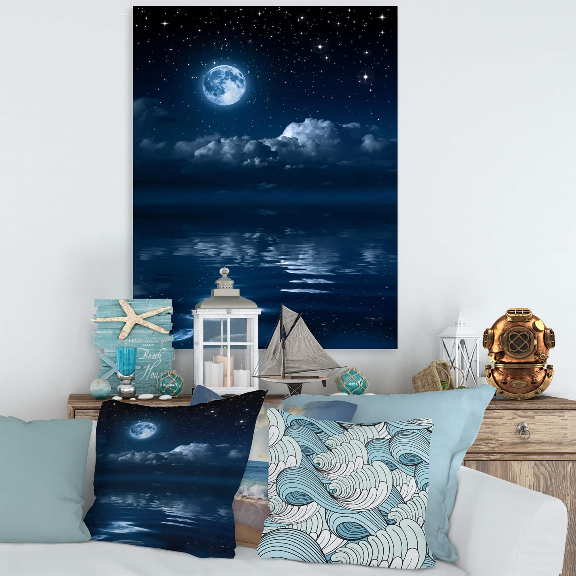 Designart - Full Moon in Cloudy Night Sky I - Nautical & Coastal Canvas Wall Art Print