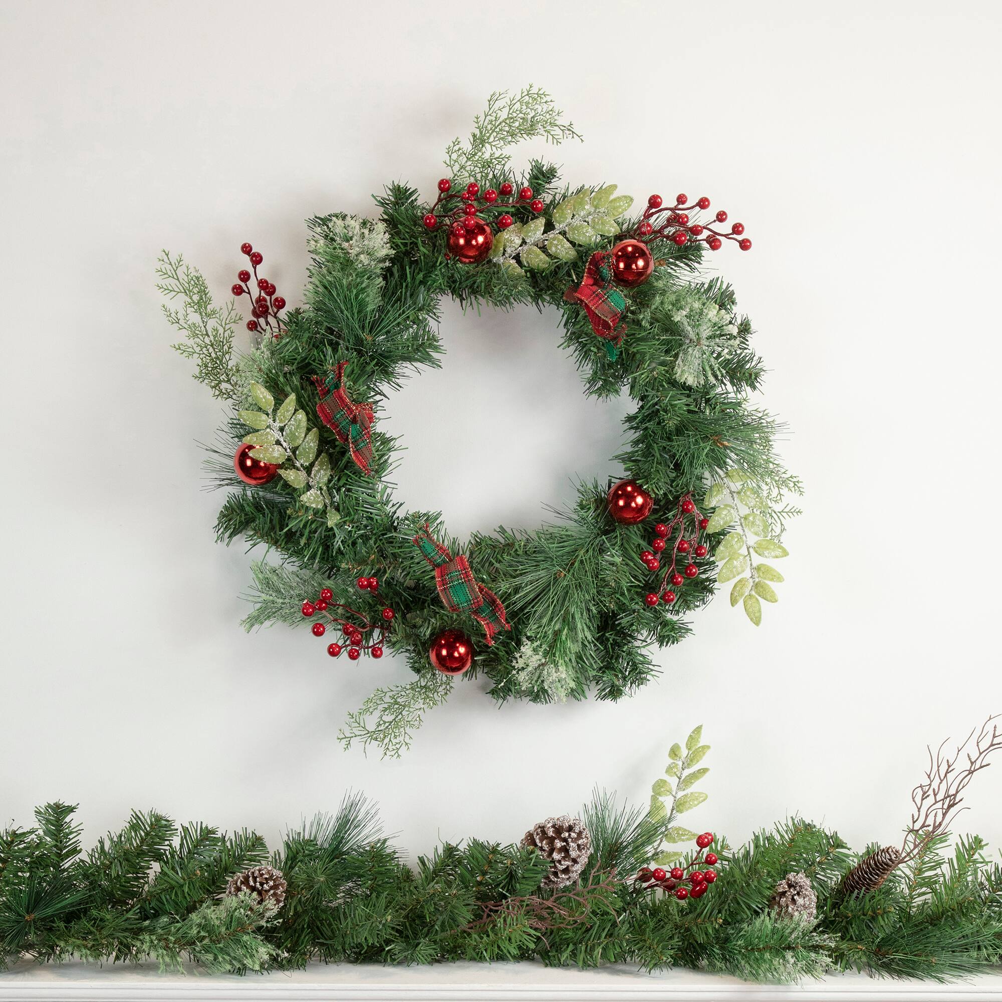 Pre-Decorated Frosted Pine Cones & Red Berry Artificial Garland, Unlit